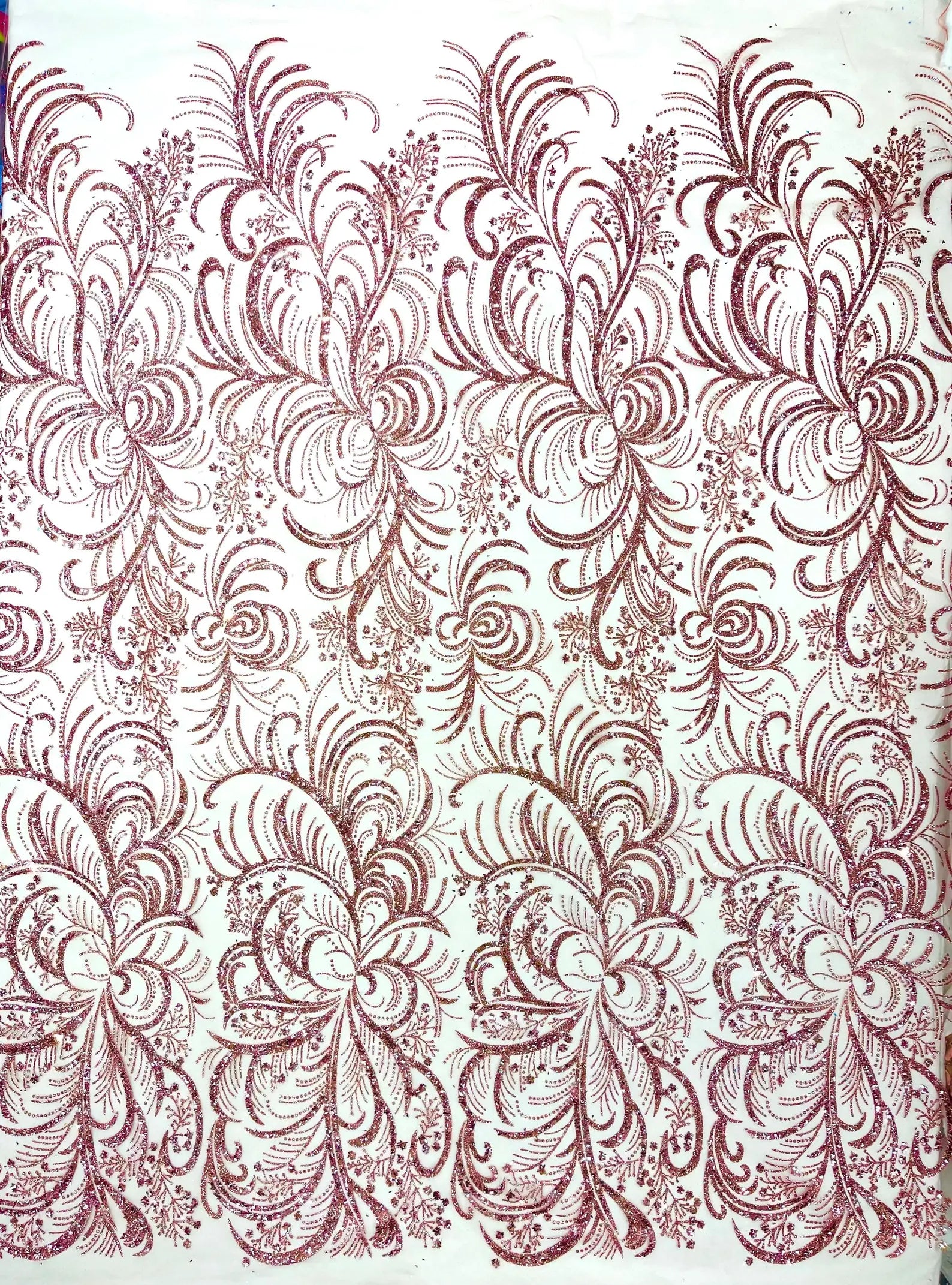 Palm Glitter Design On A Mesh Lace Fabric By The Yard. Dusty Pink