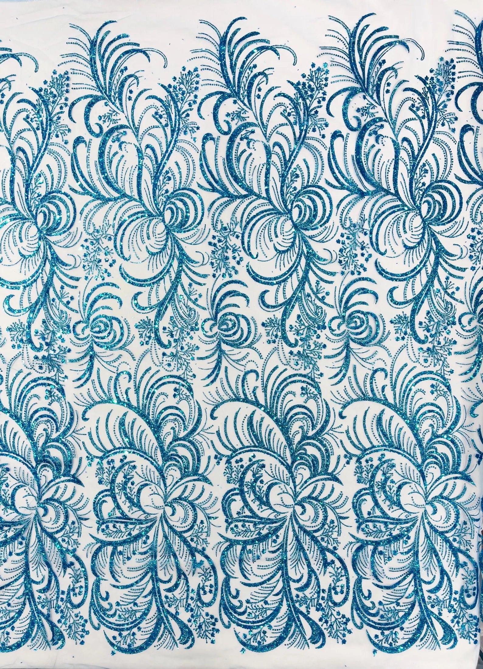 Palm Glitter Design On A Mesh Lace Fabric By The Yard. Turquoise