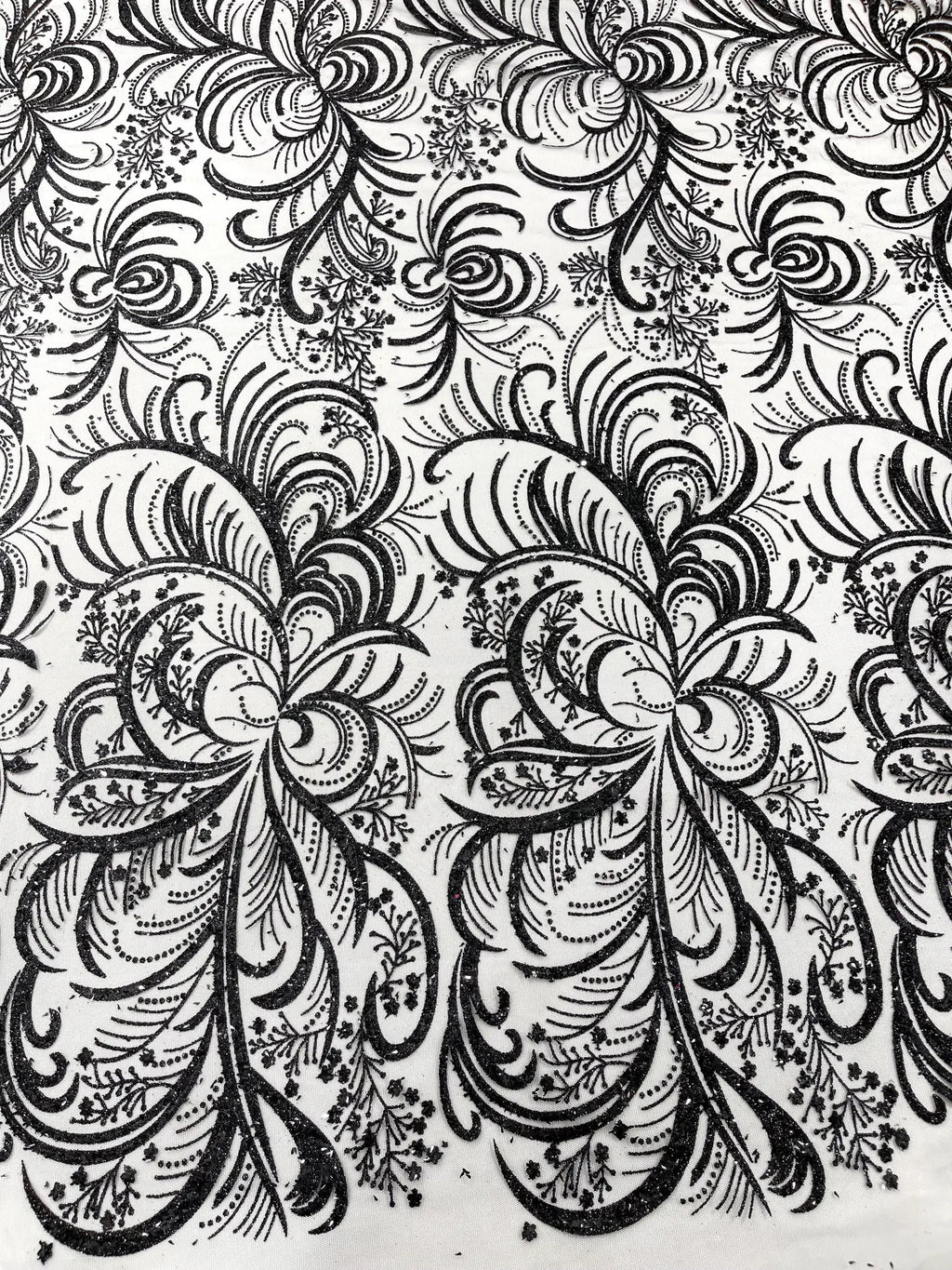 Palm Glitter Design On A Mesh Lace Fabric By The Yard. Black