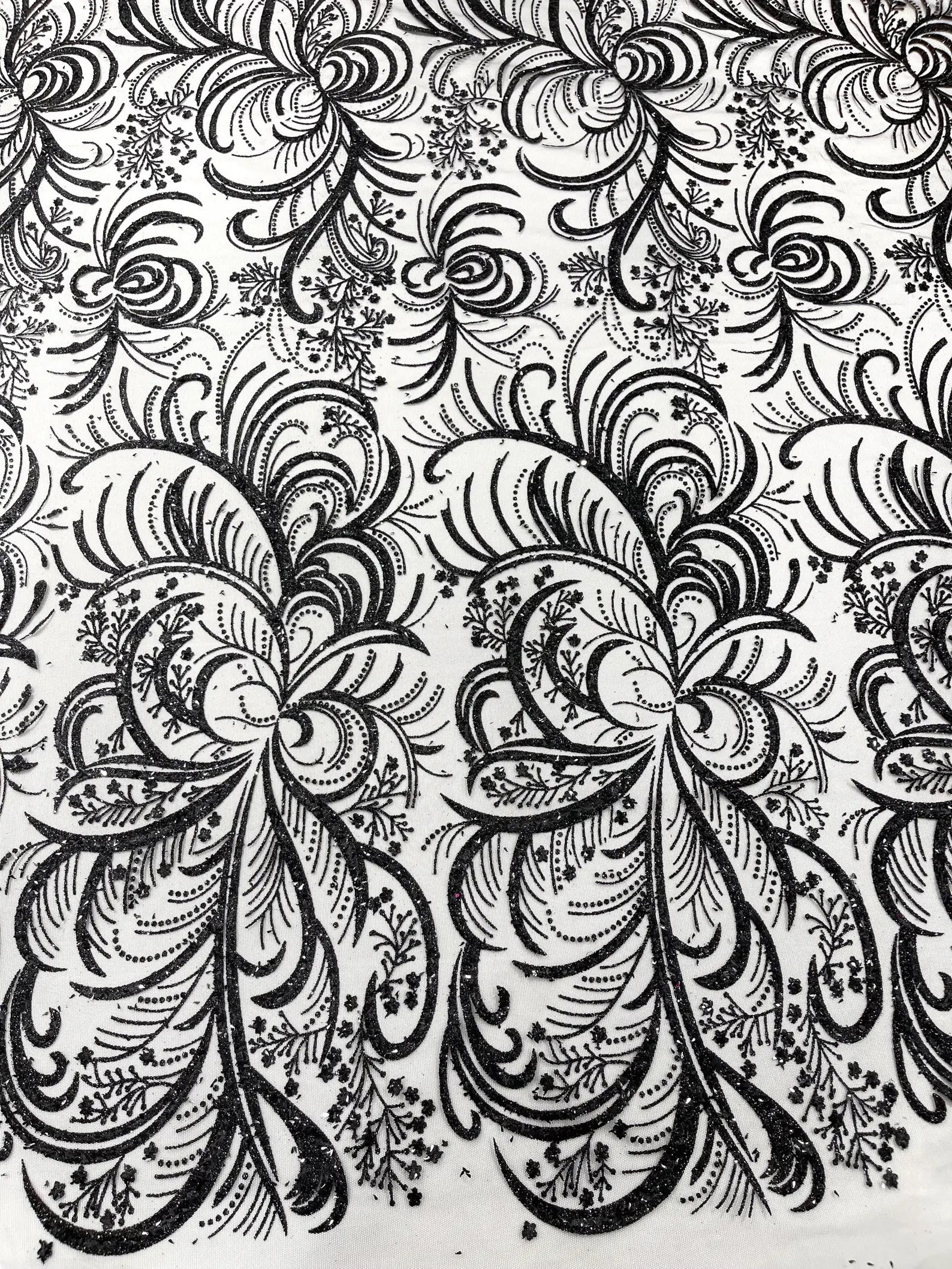 Palm Glitter Design On A Mesh Lace Fabric By The Yard. Black