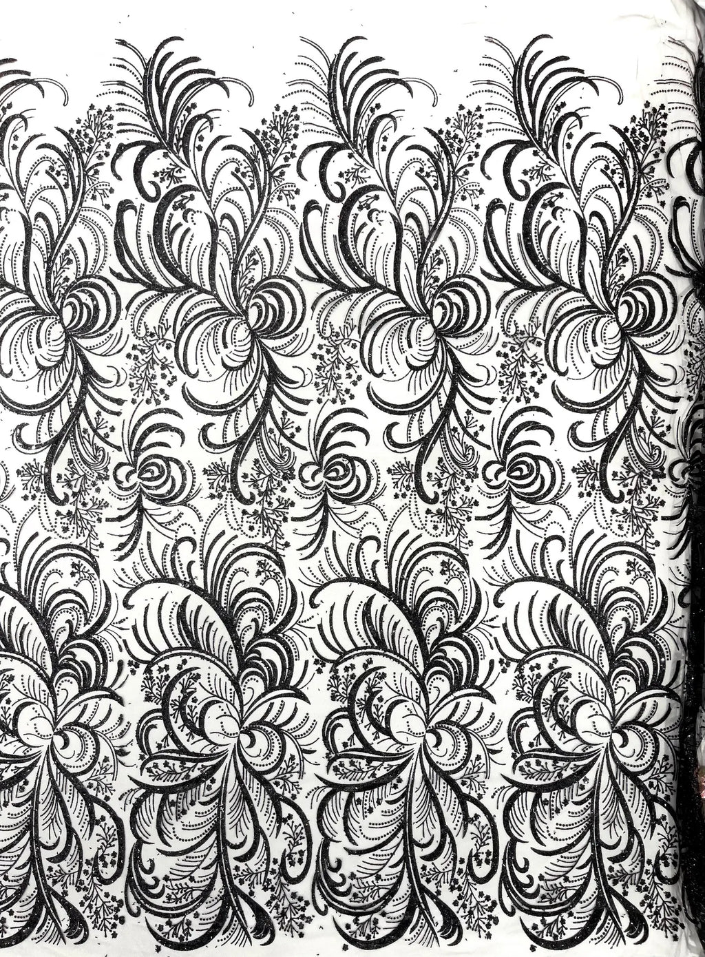 Palm Glitter Design On A Mesh Lace Fabric By The Yard. Black