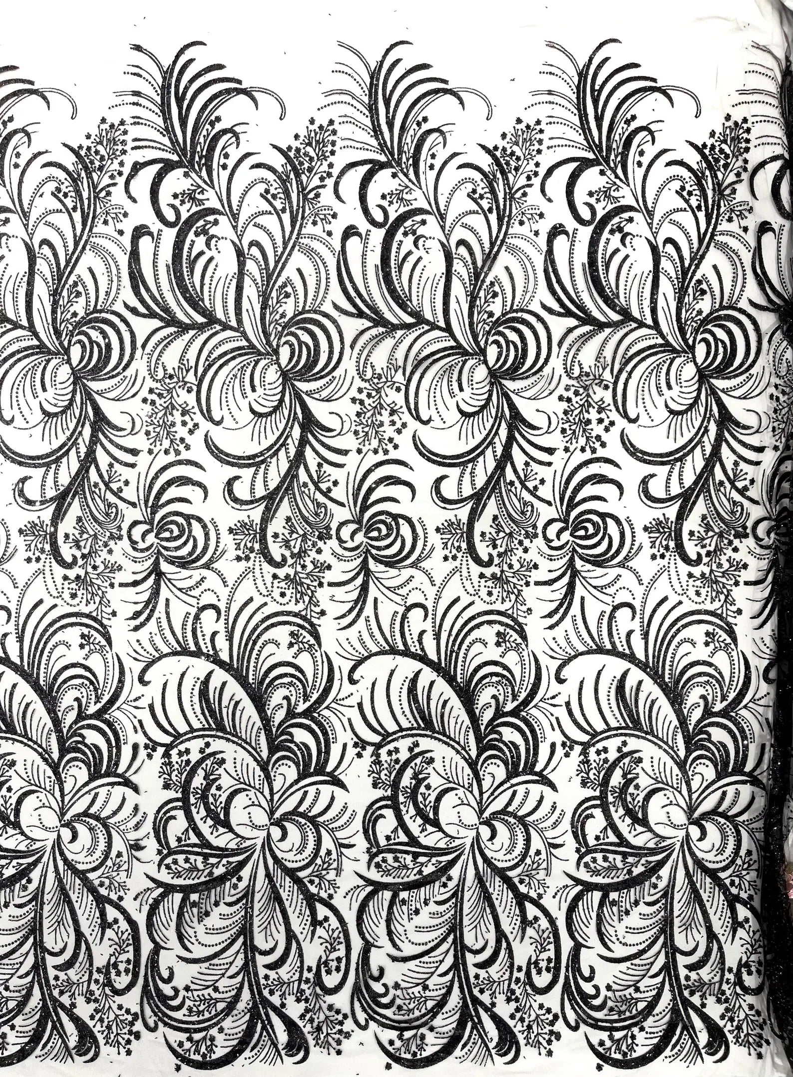 Palm Glitter Design On A Mesh Lace Fabric By The Yard. Black