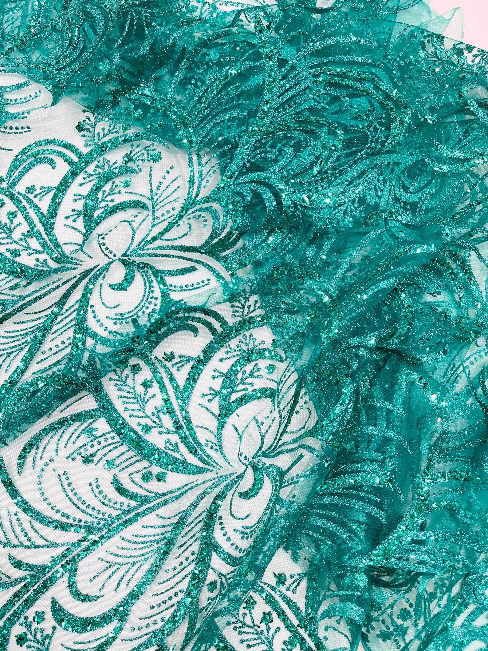 Palm Glitter Design On A Mesh Lace Fabric By The Yard. Emerald Green