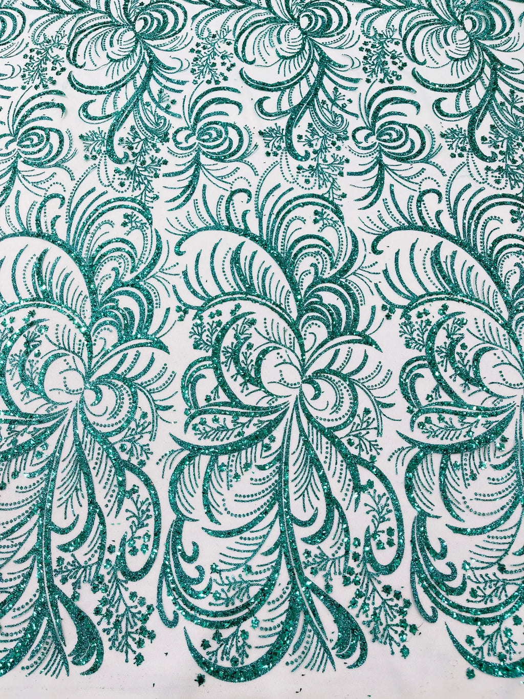 Palm Glitter Design On A Mesh Lace Fabric By The Yard. Emerald Green