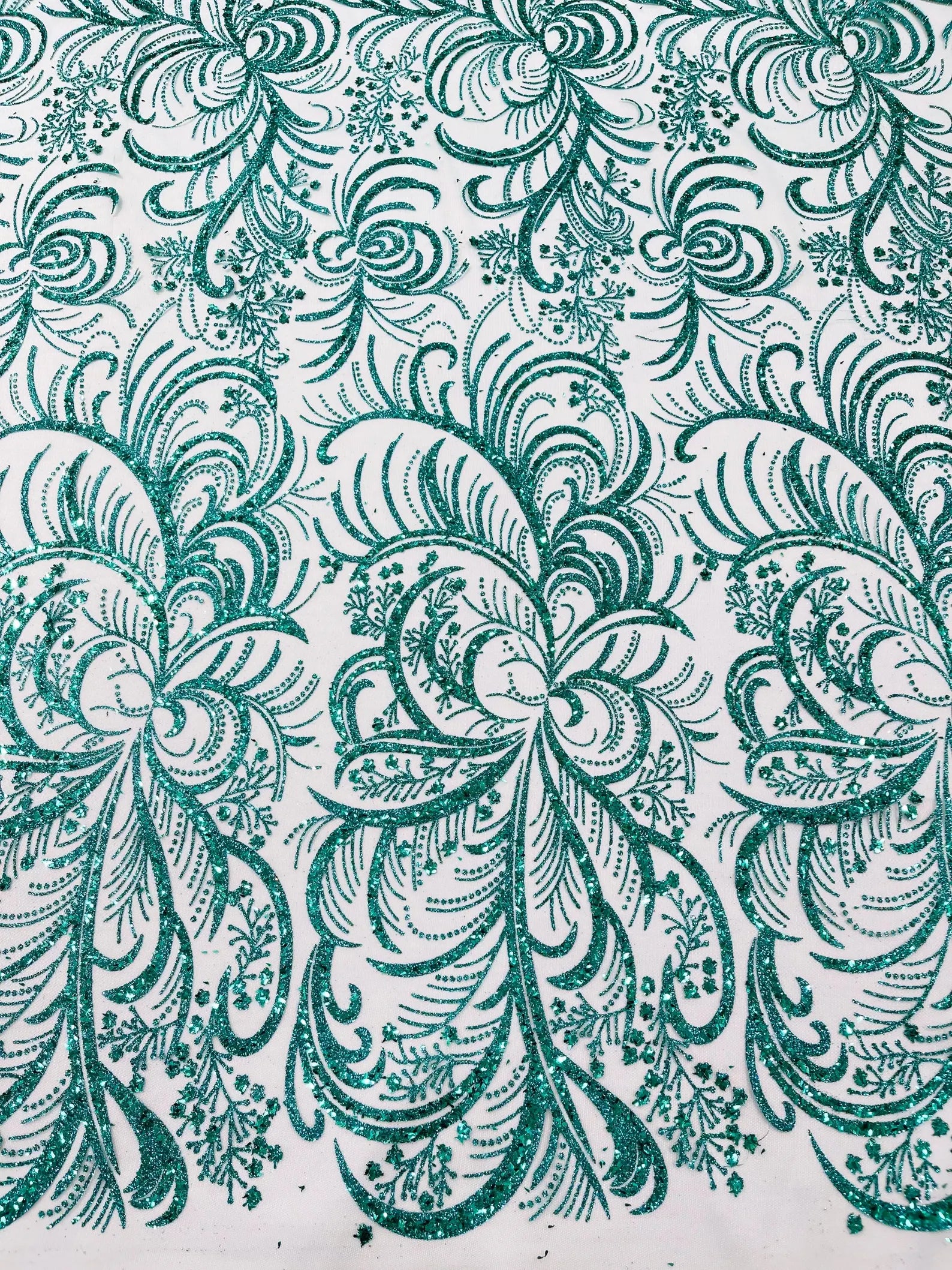 Palm Glitter Design On A Mesh Lace Fabric By The Yard. Emerald Green