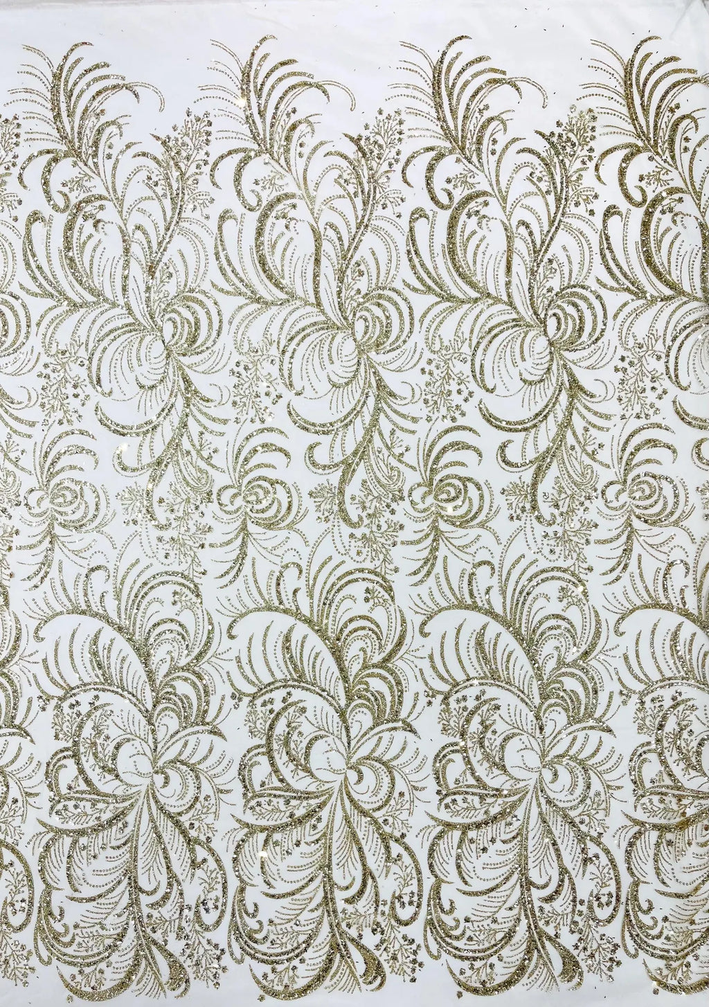 Palm Glitter Design On A Mesh Lace Fabric By The Yard. Gold/Champagne