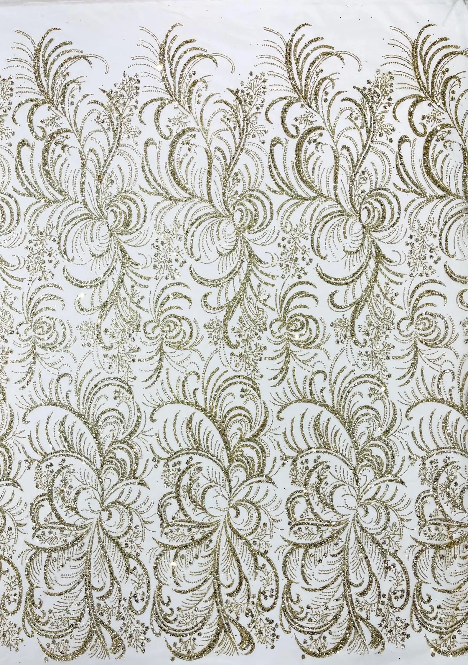Palm Glitter Design On A Mesh Lace Fabric By The Yard. Gold/Champagne