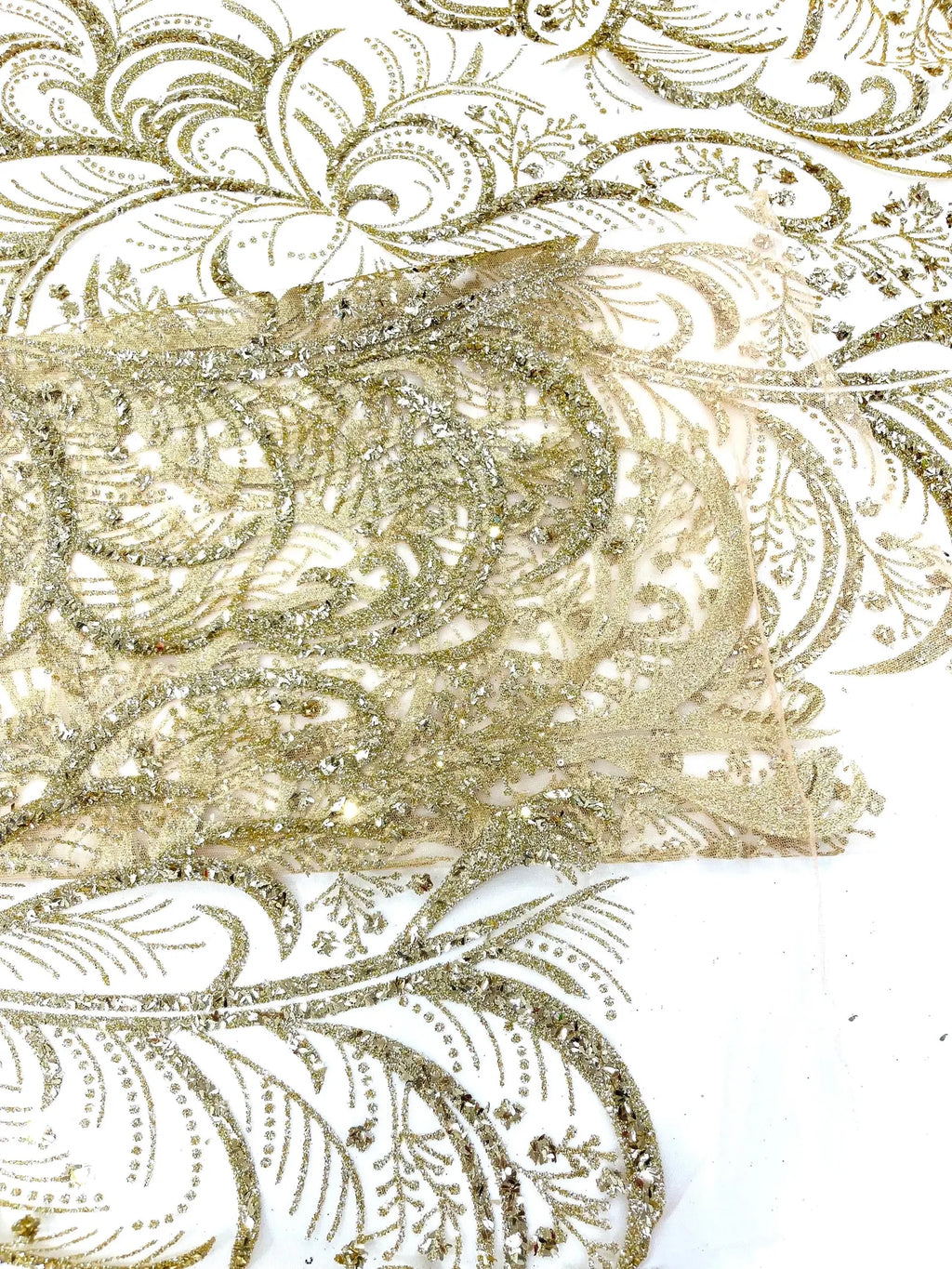 Palm Glitter Design On A Mesh Lace Fabric By The Yard. Gold/Champagne