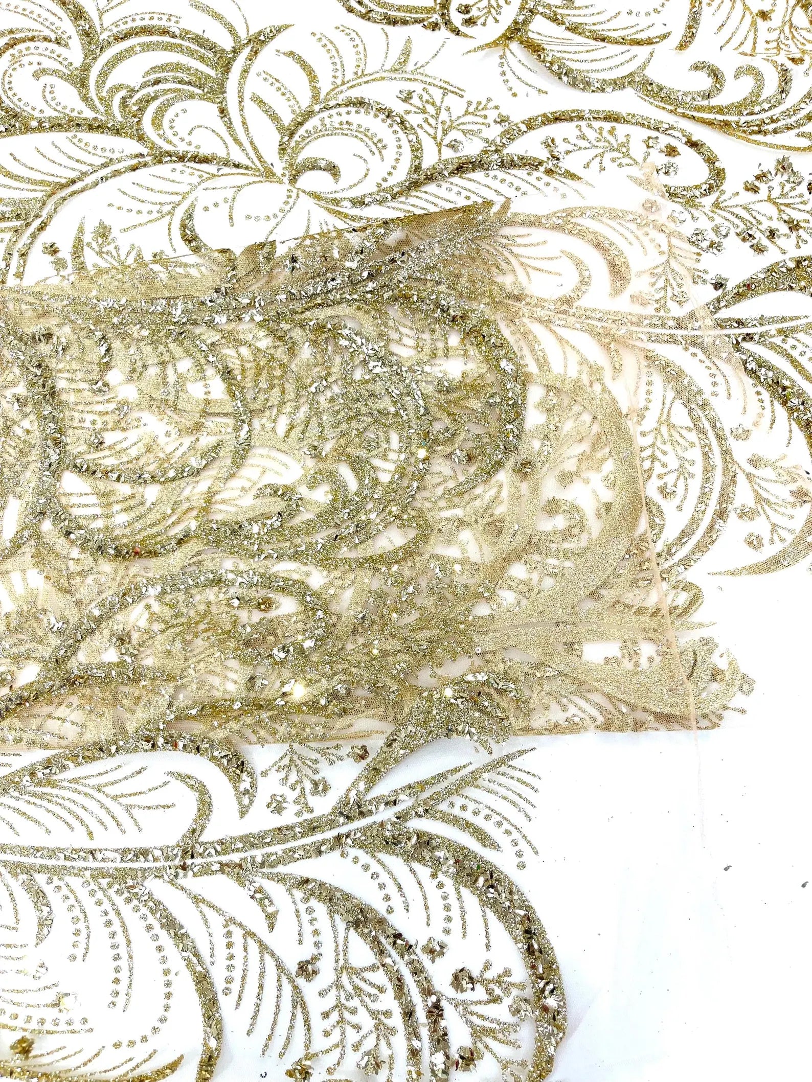 Palm Glitter Design On A Mesh Lace Fabric By The Yard. Gold/Champagne