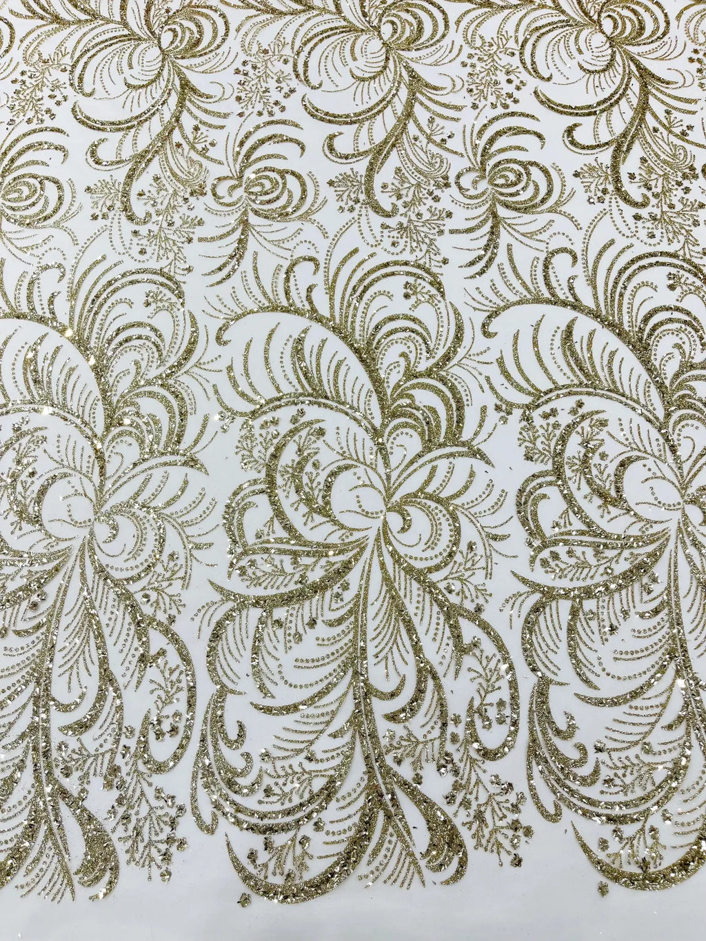 Palm Glitter Design On A Mesh Lace Fabric By The Yard. Gold/Champagne