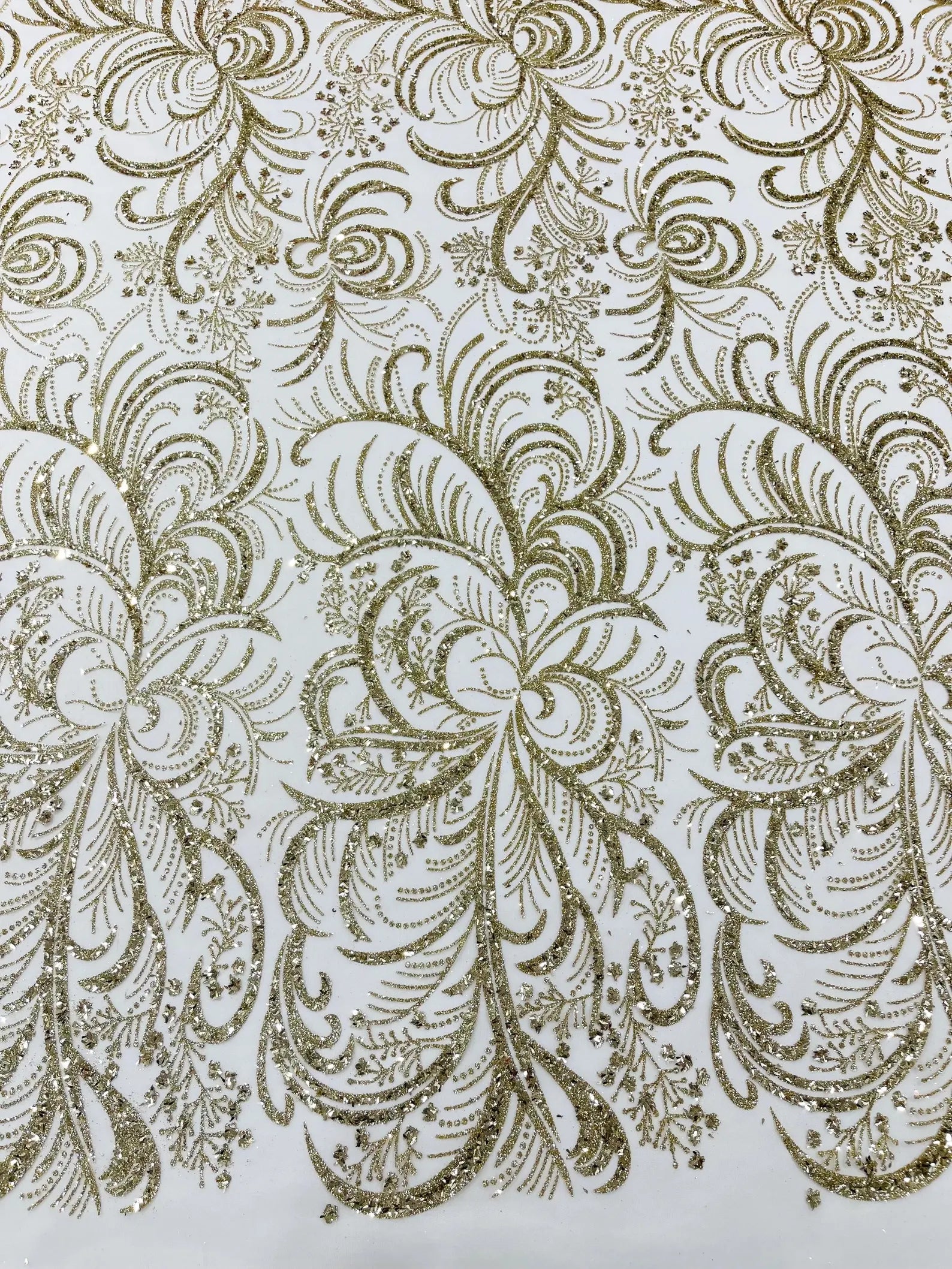 Palm Glitter Design On A Mesh Lace Fabric By The Yard. Gold/Champagne