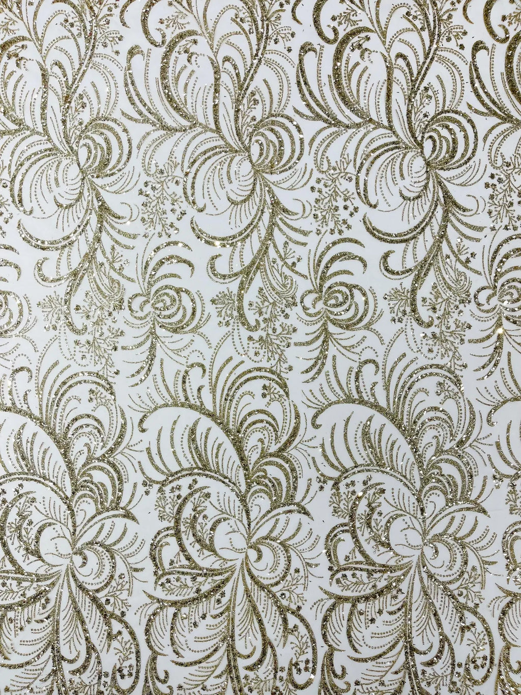 Palm Glitter Design On A Mesh Lace Fabric By The Yard. Gold/Champagne