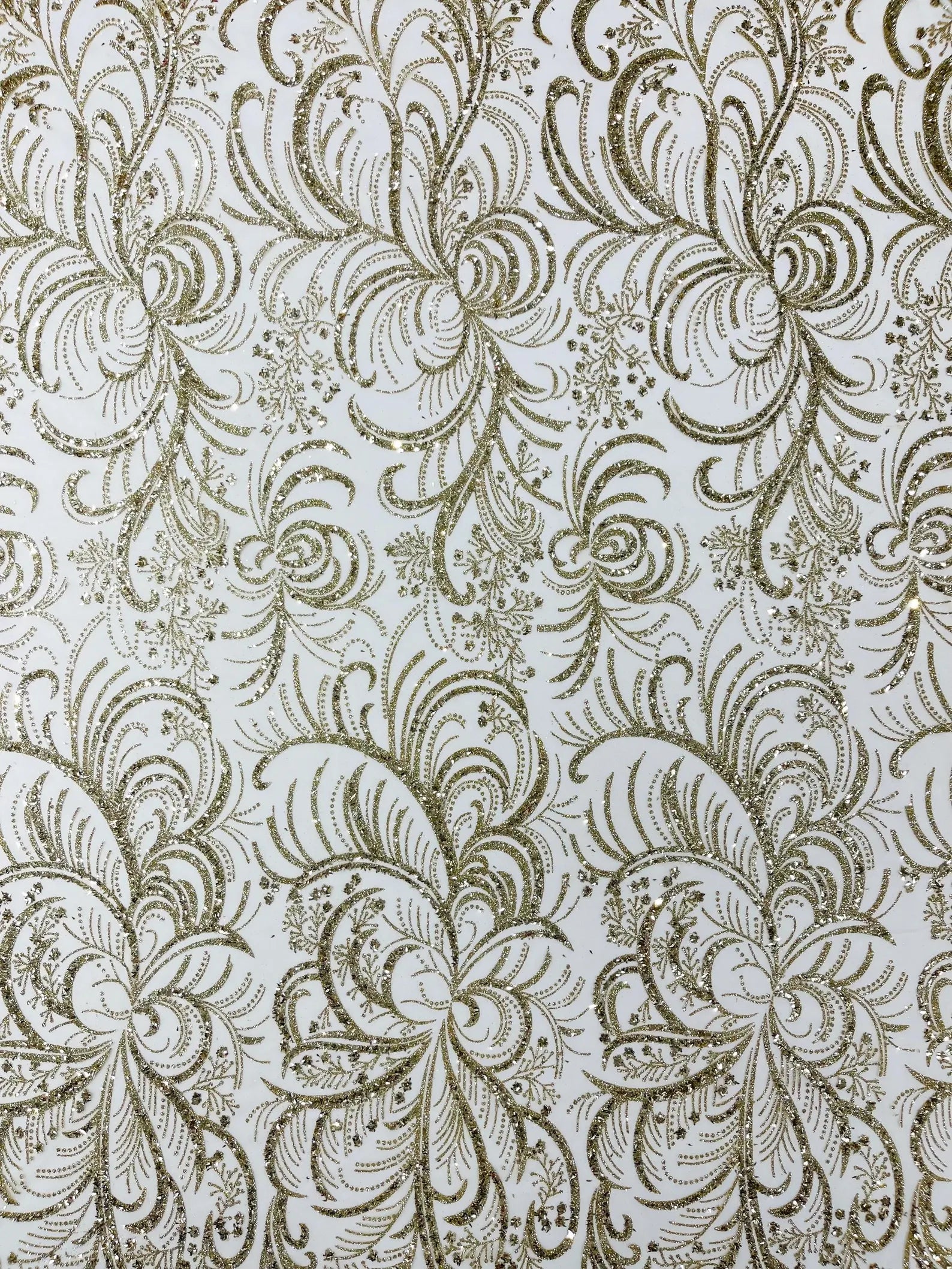 Palm Glitter Design On A Mesh Lace Fabric By The Yard. Gold/Champagne
