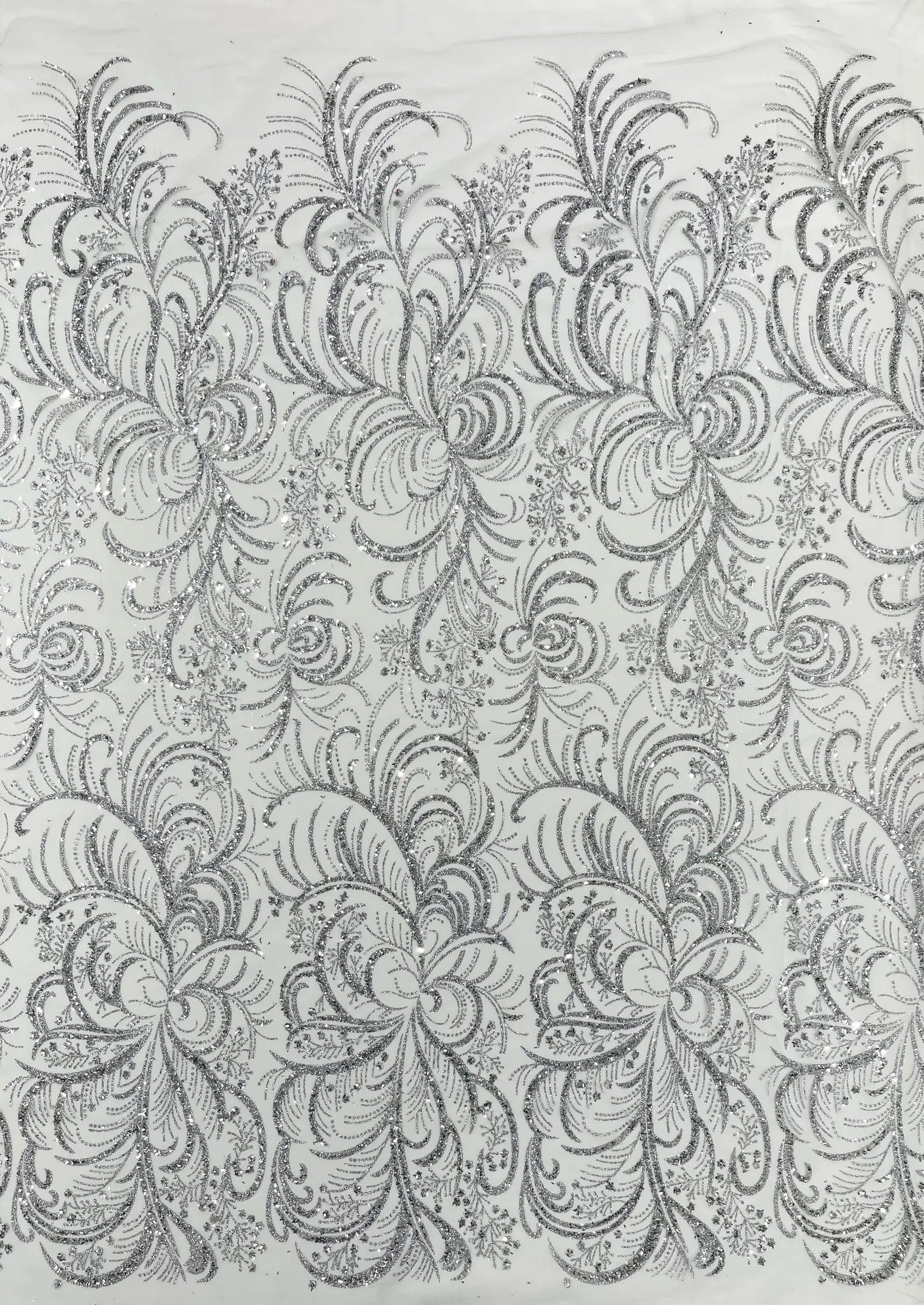 Palm Glitter Design On A Mesh Lace Fabric By The Yard. Silver