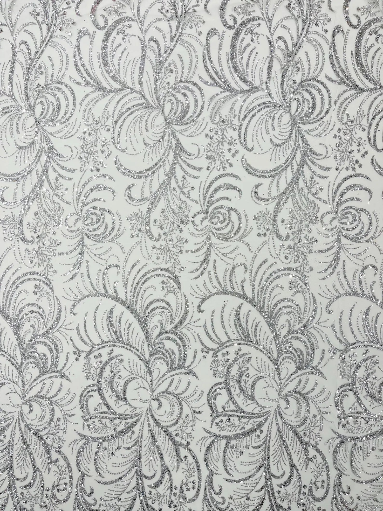 Palm Glitter Design On A Mesh Lace Fabric By The Yard. Silver