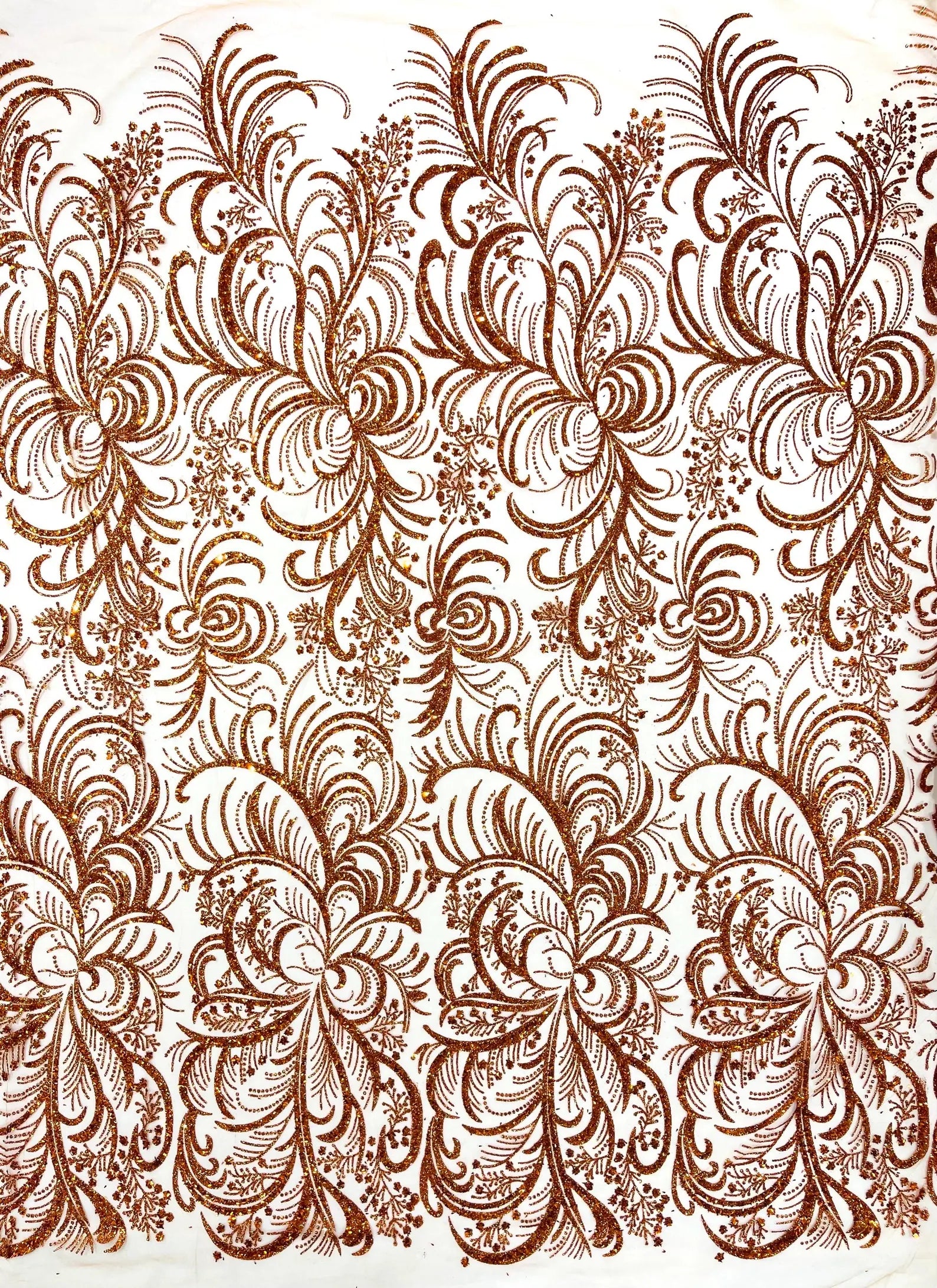 Palm Glitter Design On A Mesh Lace Fabric By The Yard. Burnt Orange