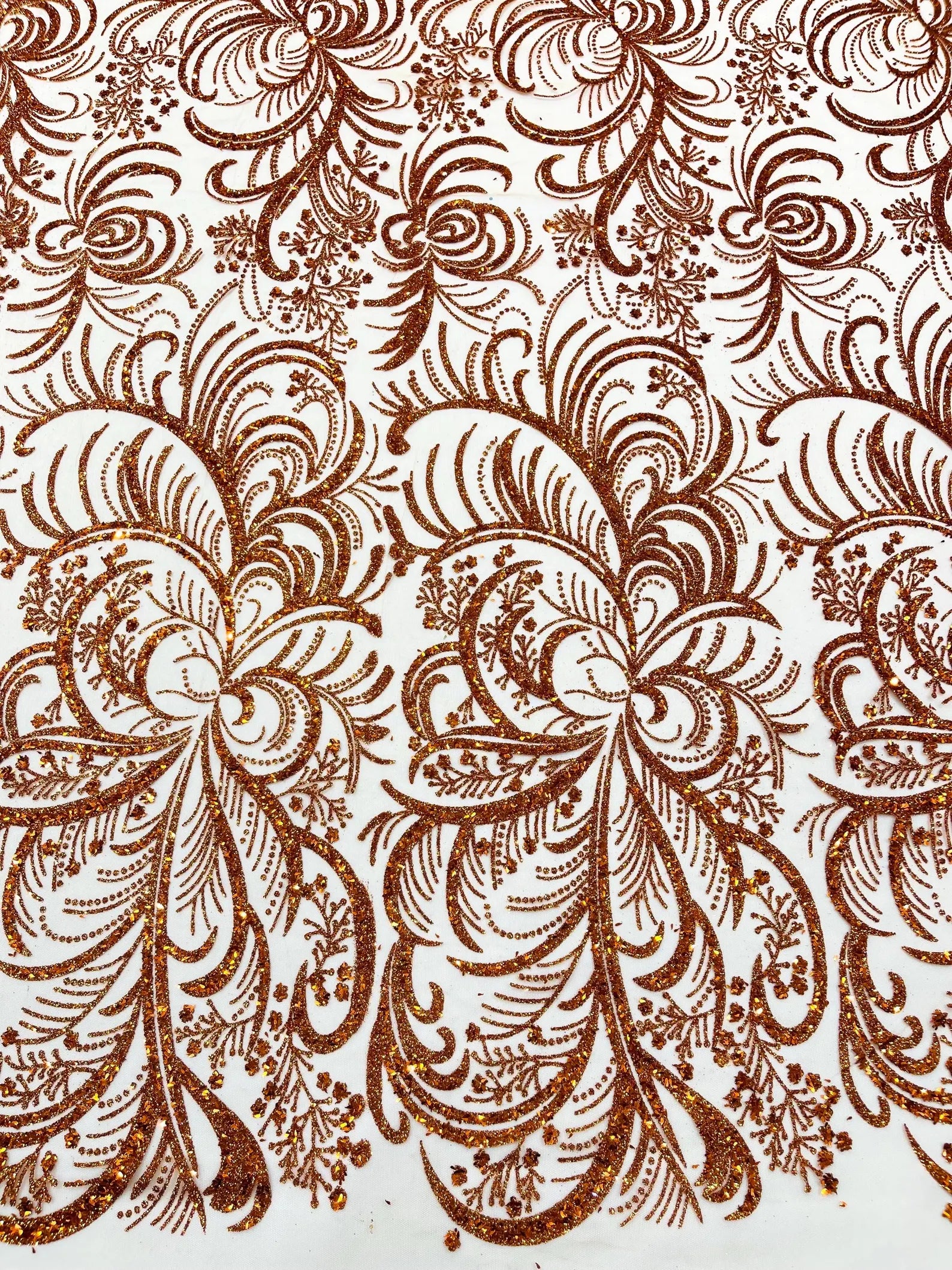 Palm Glitter Design On A Mesh Lace Fabric By The Yard. Burnt Orange