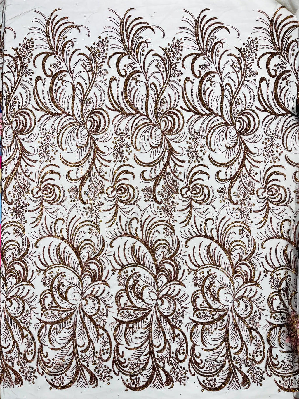 Palm Glitter Design On A Mesh Lace Fabric By The Yard. Brown