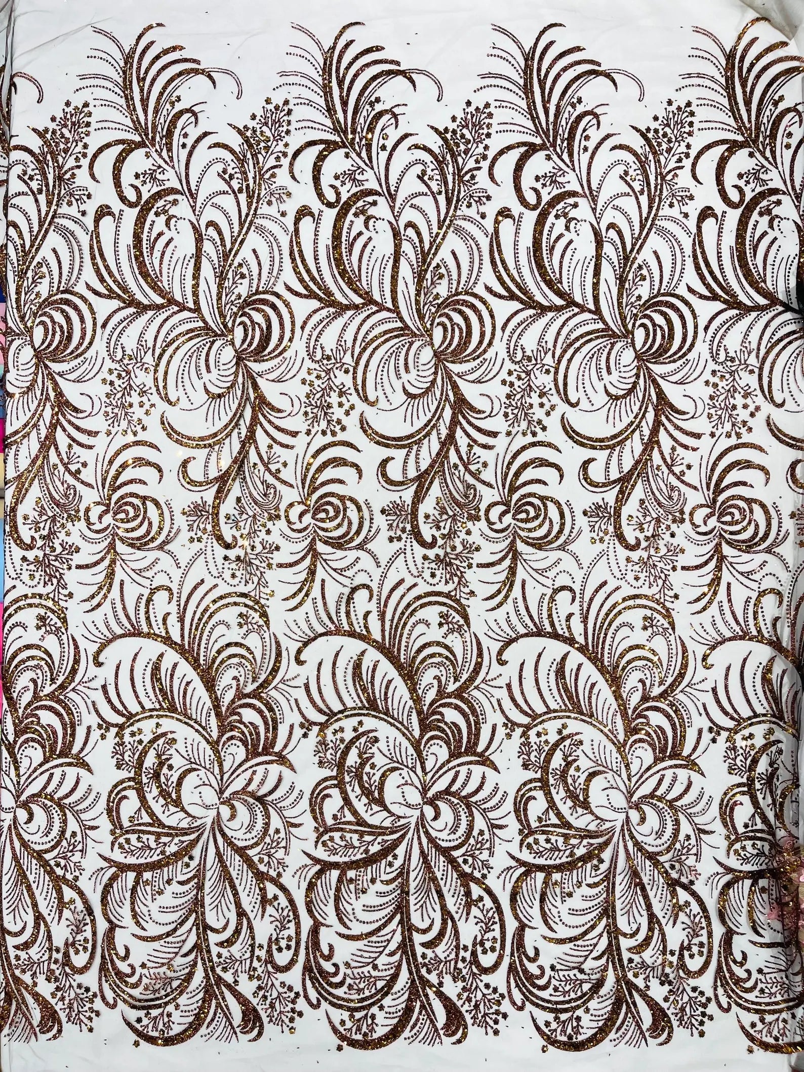 Palm Glitter Design On A Mesh Lace Fabric By The Yard. Brown