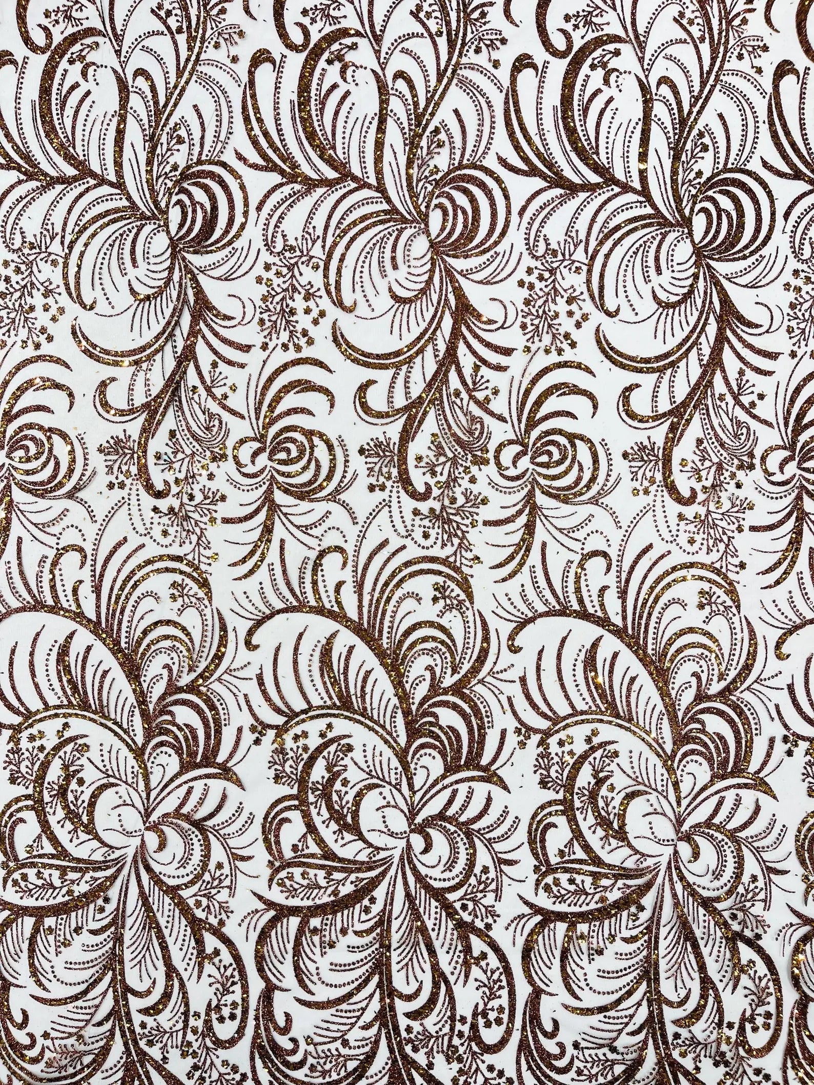 Palm Glitter Design On A Mesh Lace Fabric By The Yard. Brown