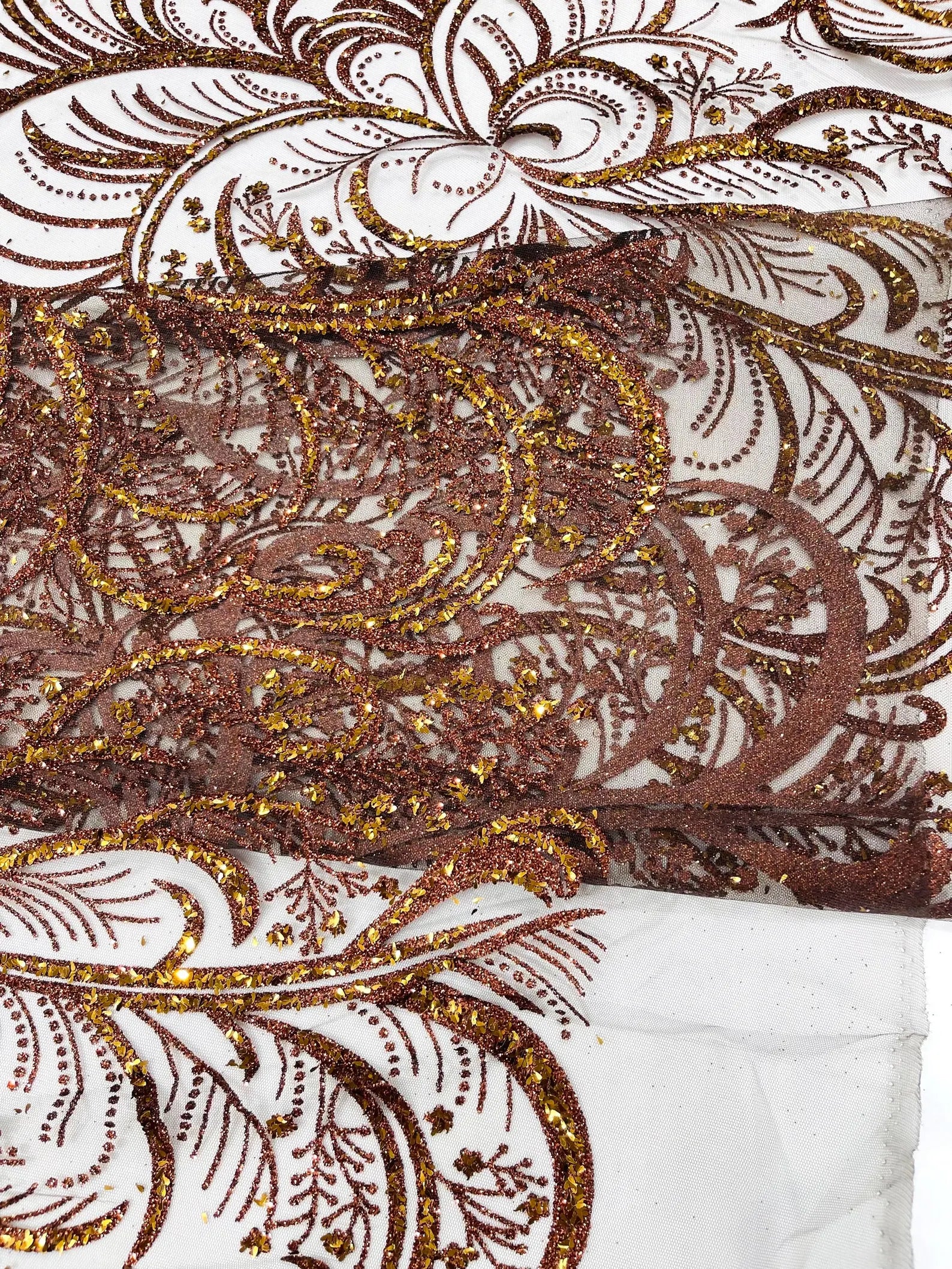 Palm Glitter Design On A Mesh Lace Fabric By The Yard. Brown