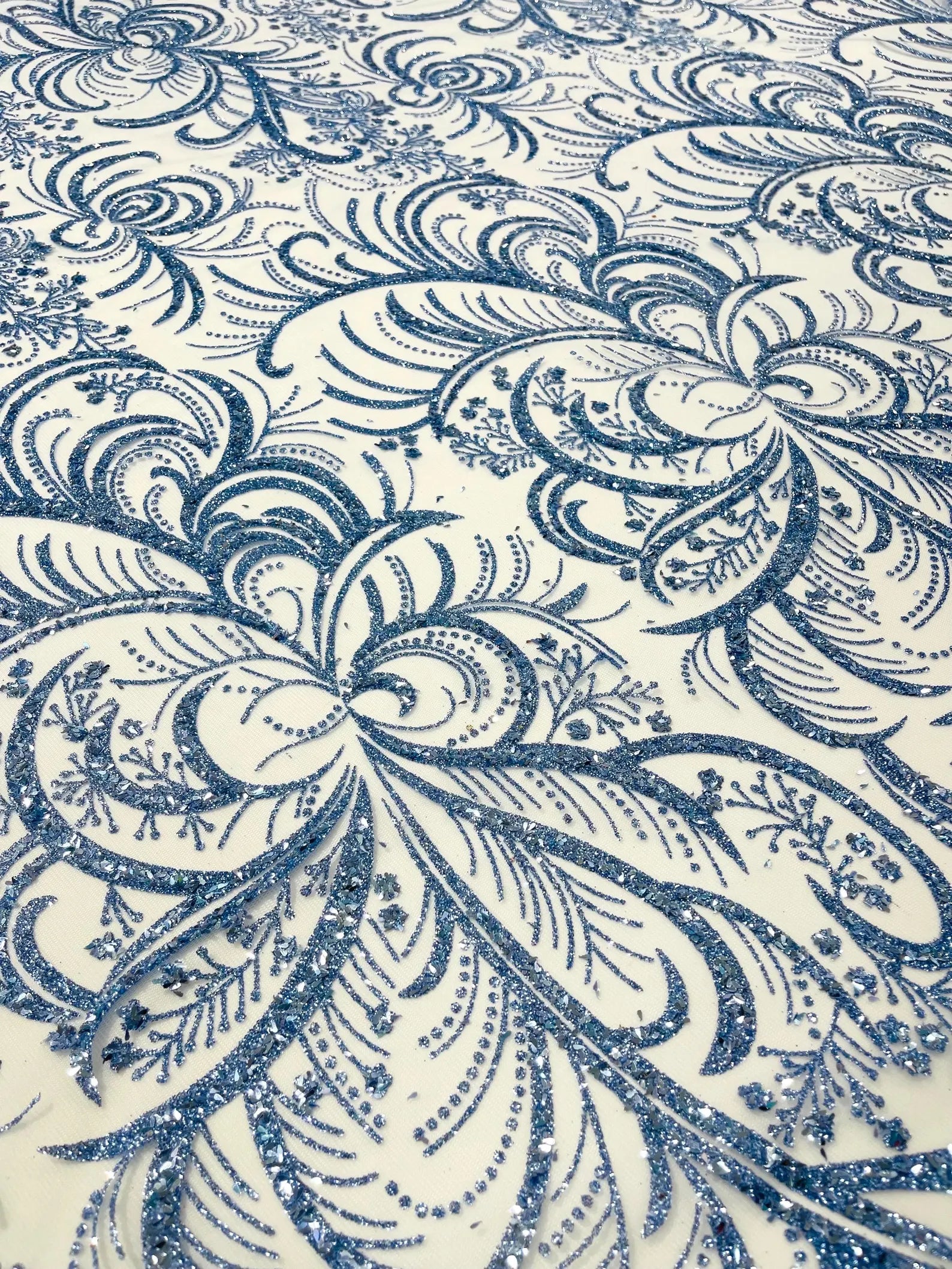 Palm Glitter Design On A Mesh Lace Fabric By The Yard. Lt Blue