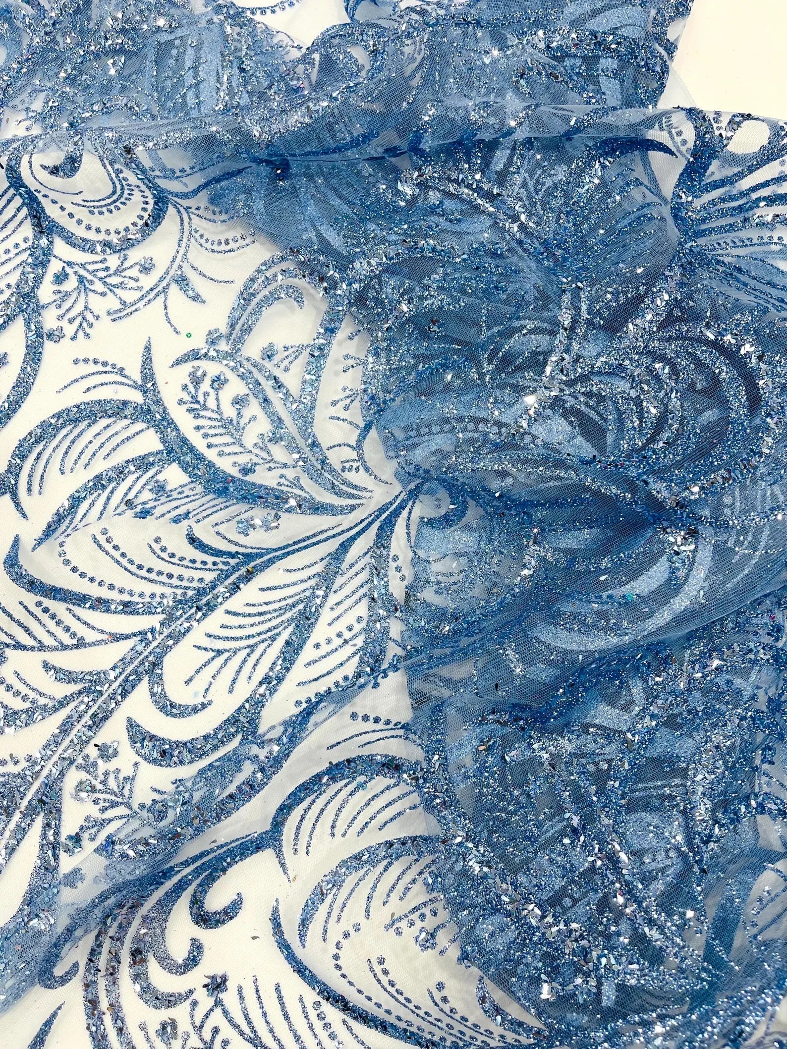 Palm Glitter Design On A Mesh Lace Fabric By The Yard. Lt Blue