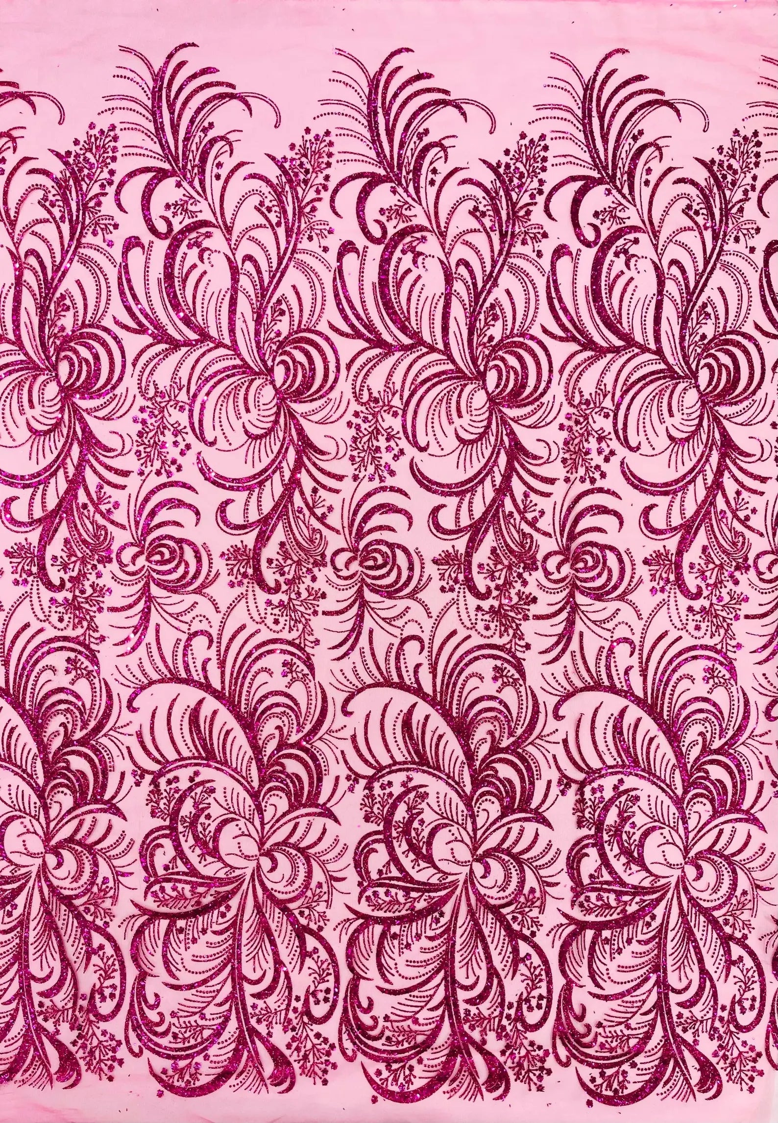 Palm Glitter Design On A Mesh Lace Fabric By The Yard. Fuchsia
