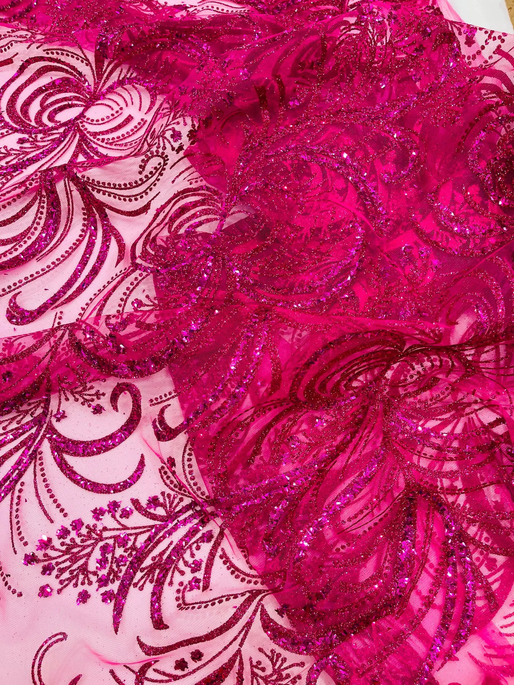 Palm Glitter Design On A Mesh Lace Fabric By The Yard. Fuchsia