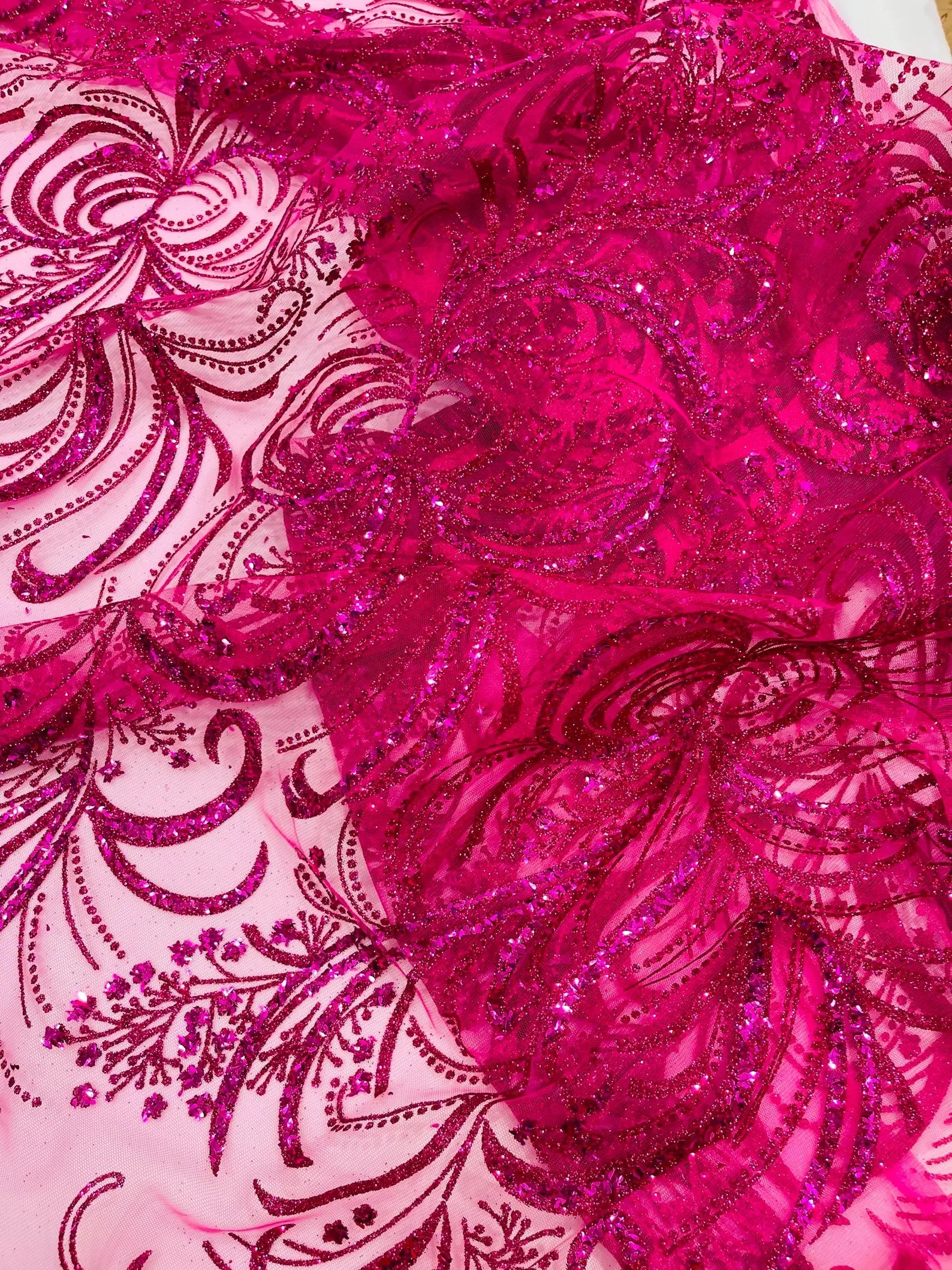 Palm Glitter Design On A Mesh Lace Fabric By The Yard. Fuchsia