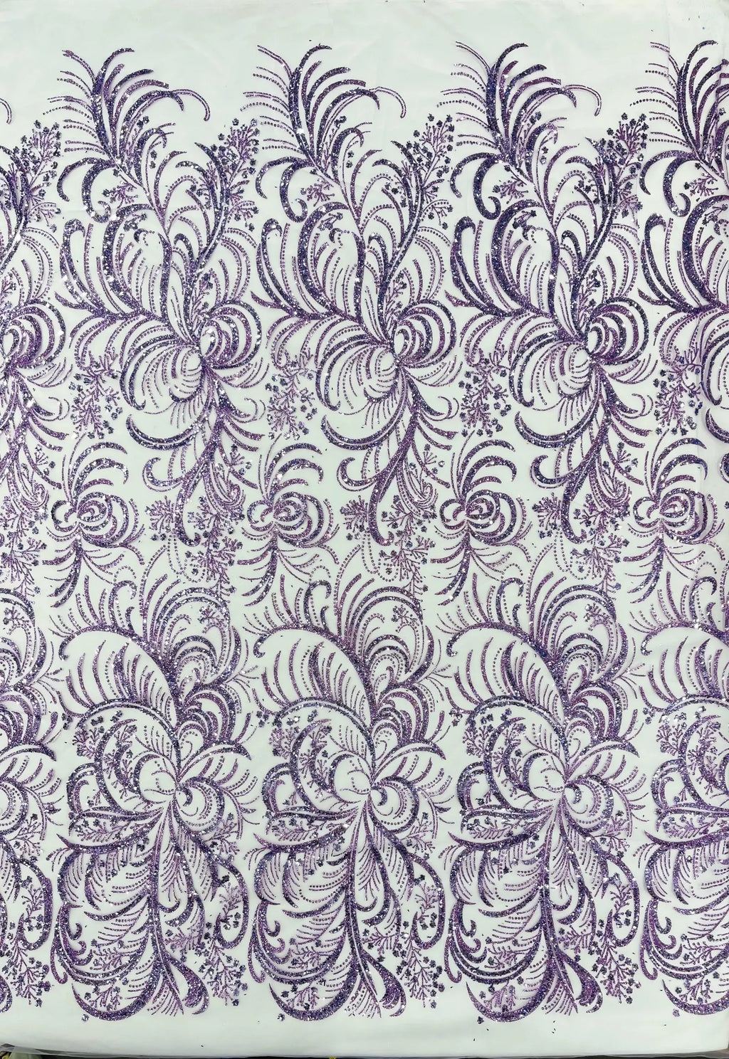 Palm Glitter Design On A Mesh Lace Fabric By The Yard. Lilac