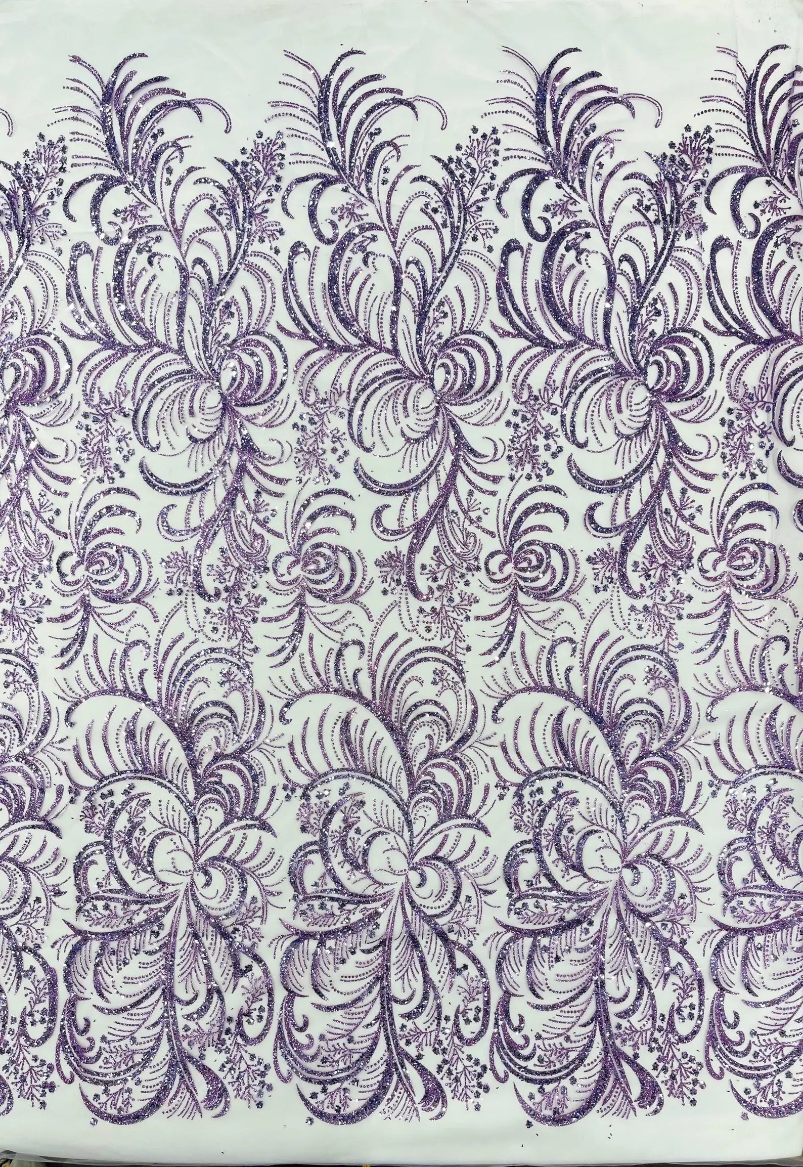 Palm Glitter Design On A Mesh Lace Fabric By The Yard. Lilac