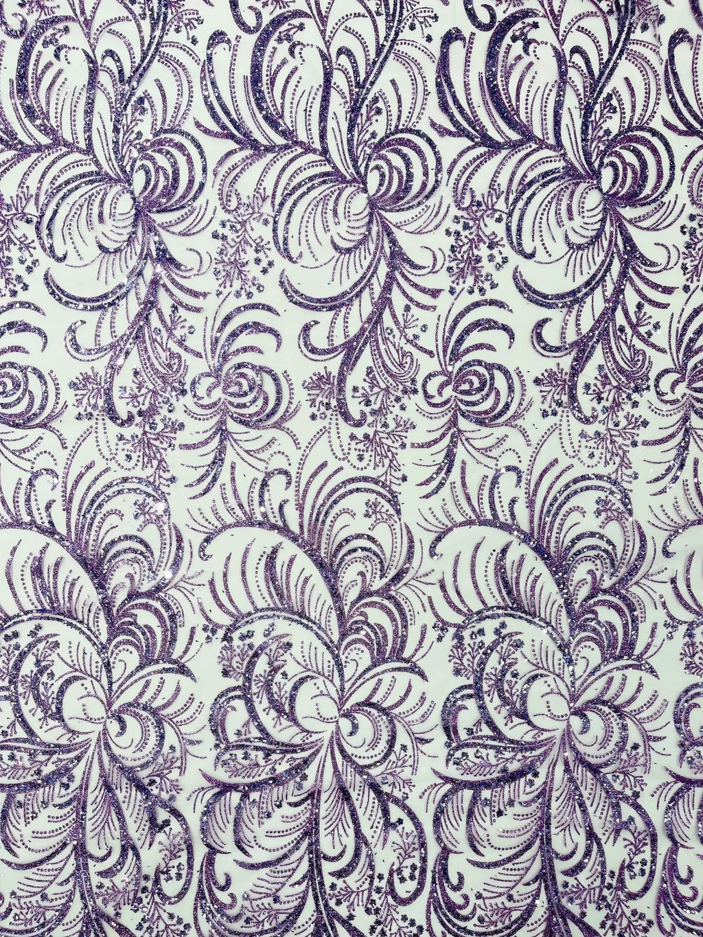 Palm Glitter Design On A Mesh Lace Fabric By The Yard. Lilac