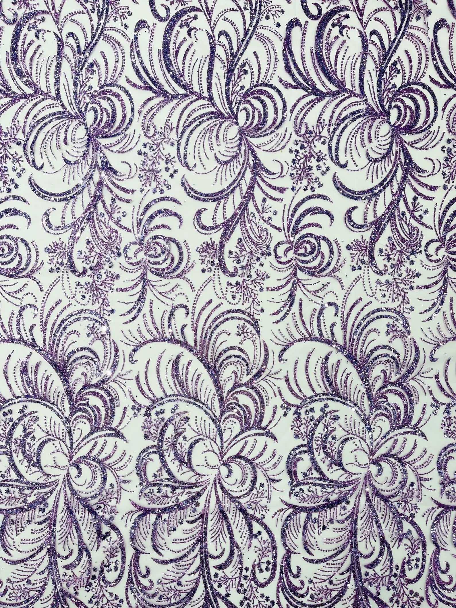 Palm Glitter Design On A Mesh Lace Fabric By The Yard. Lilac