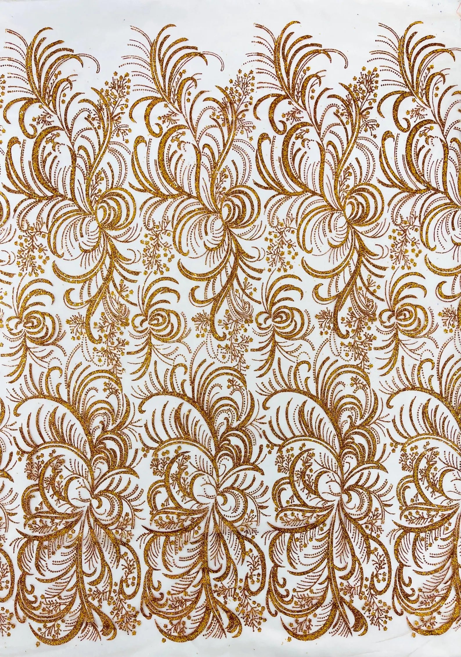 Palm Glitter Design On A Mesh Lace Fabric By The Yard. Orange