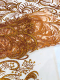 Palm Glitter Design On A Mesh Lace Fabric By The Yard. Orange