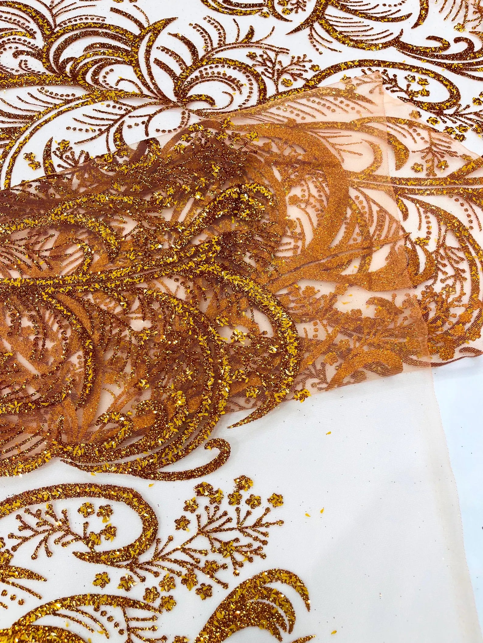 Palm Glitter Design On A Mesh Lace Fabric By The Yard. Orange