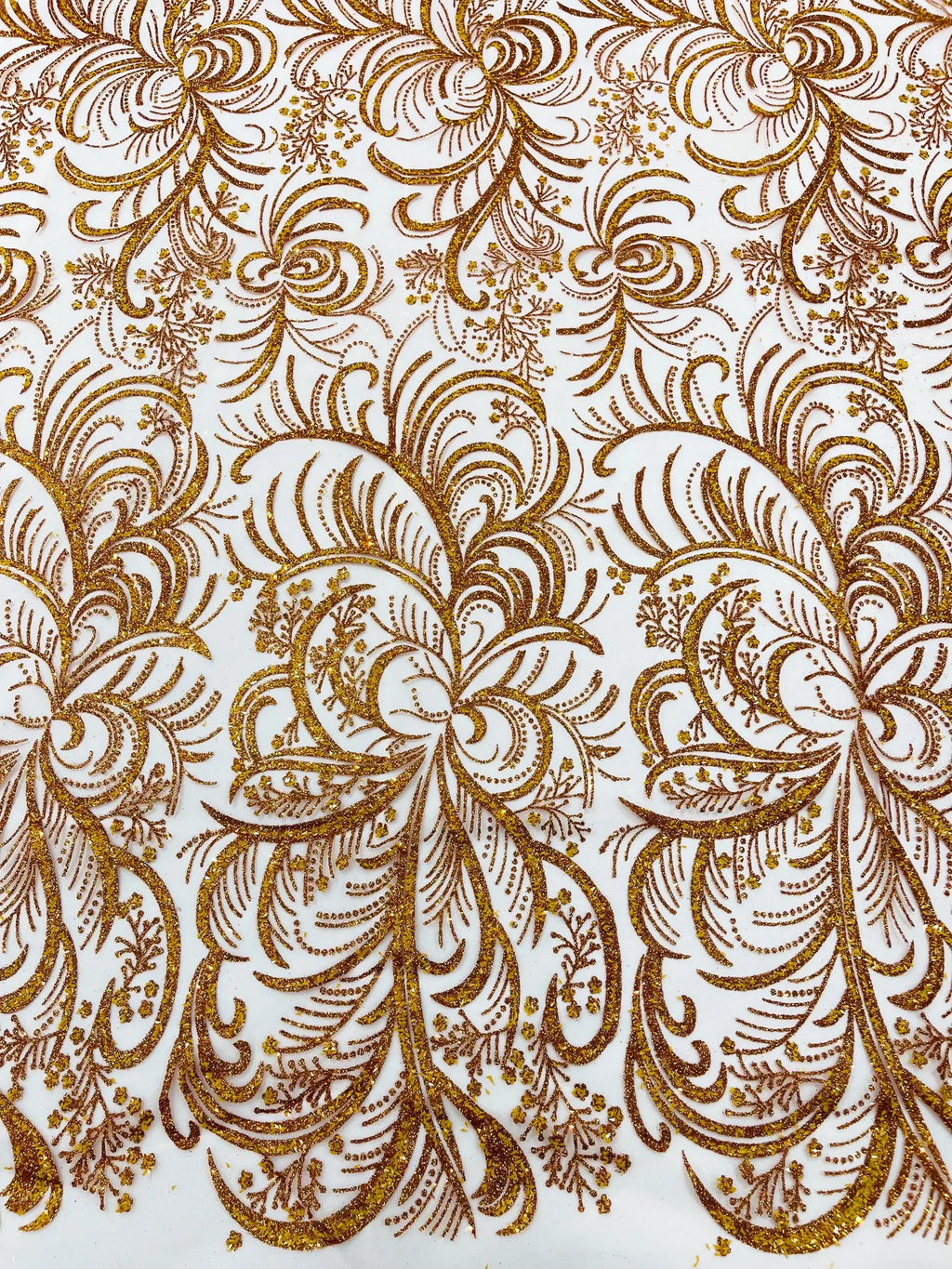 Palm Glitter Design On A Mesh Lace Fabric By The Yard. Orange