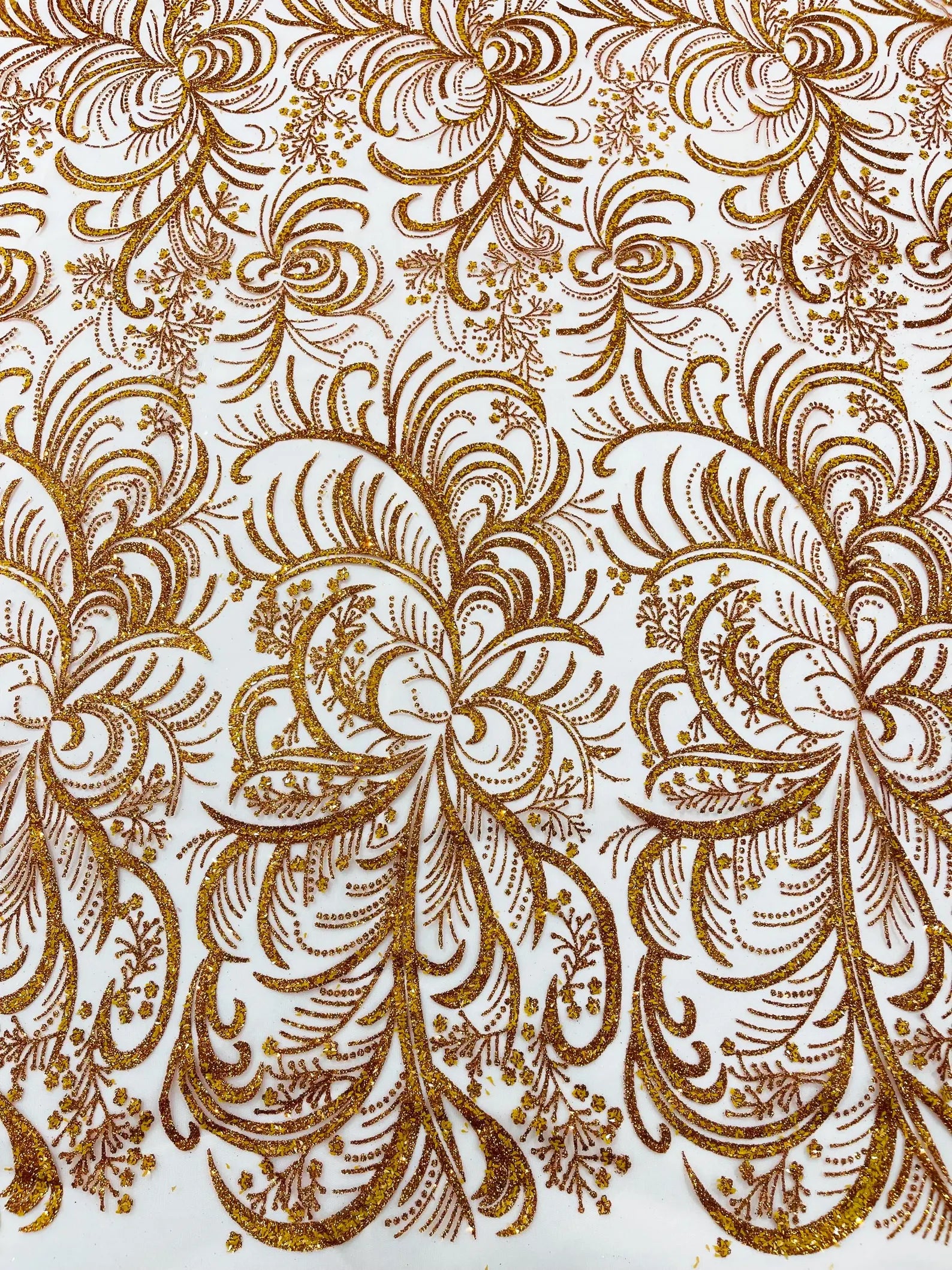 Palm Glitter Design On A Mesh Lace Fabric By The Yard. Orange