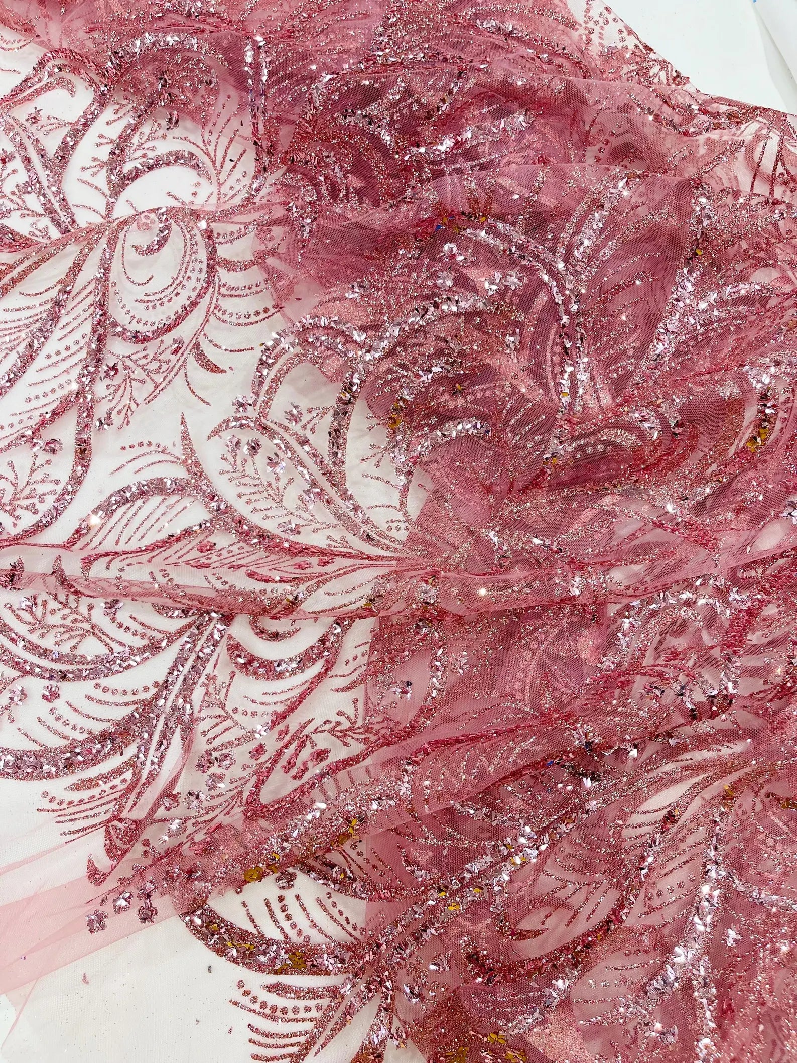 Palm Glitter Design On A Mesh Lace Fabric By The Yard. Dusty Pink