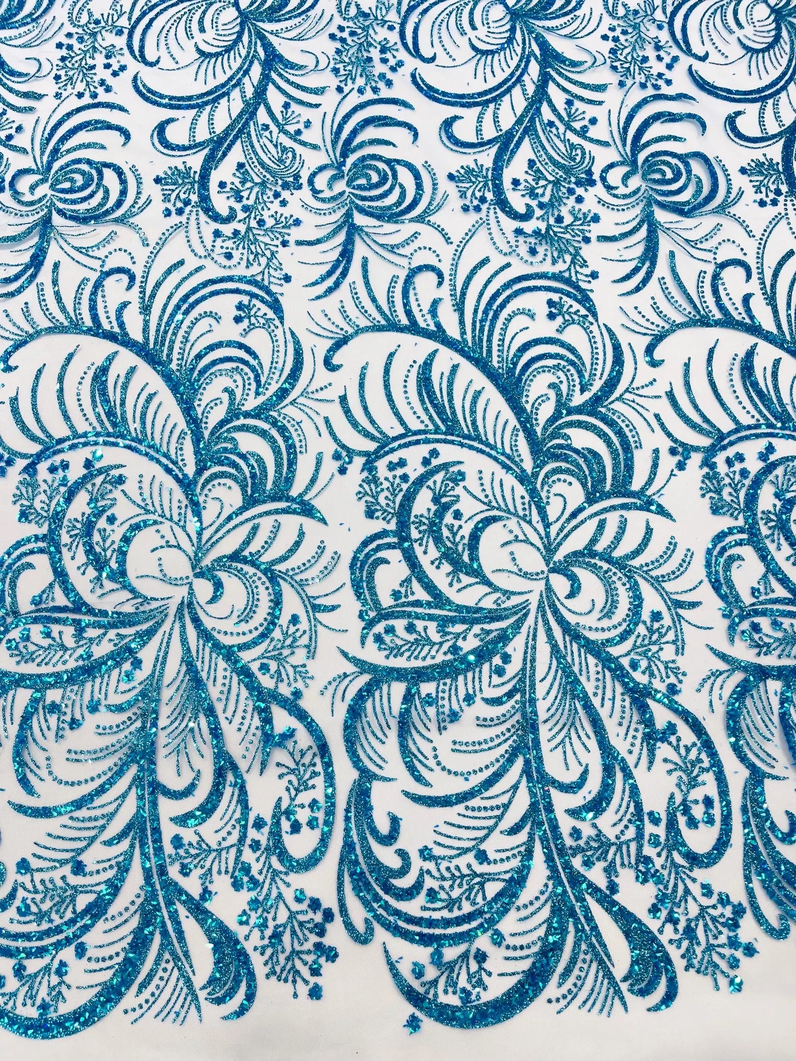 Palm Glitter Design On A Mesh Lace Fabric By The Yard. Turquoise
