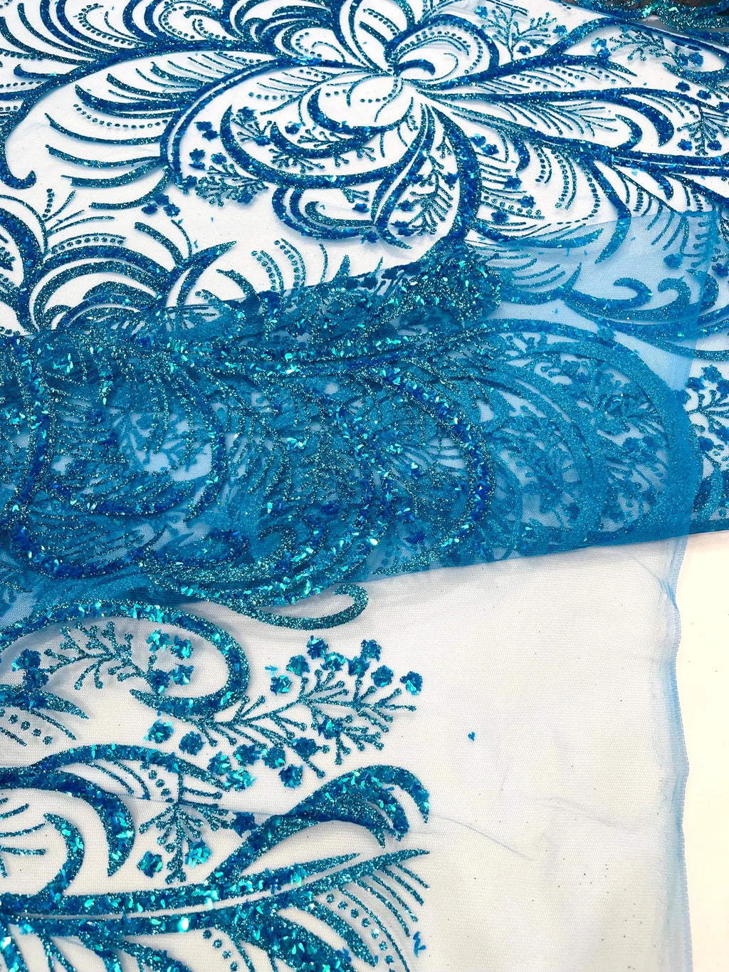 Palm Glitter Design On A Mesh Lace Fabric By The Yard. Turquoise