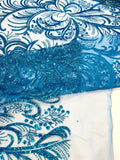 Palm Glitter Design On A Mesh Lace Fabric By The Yard. Turquoise