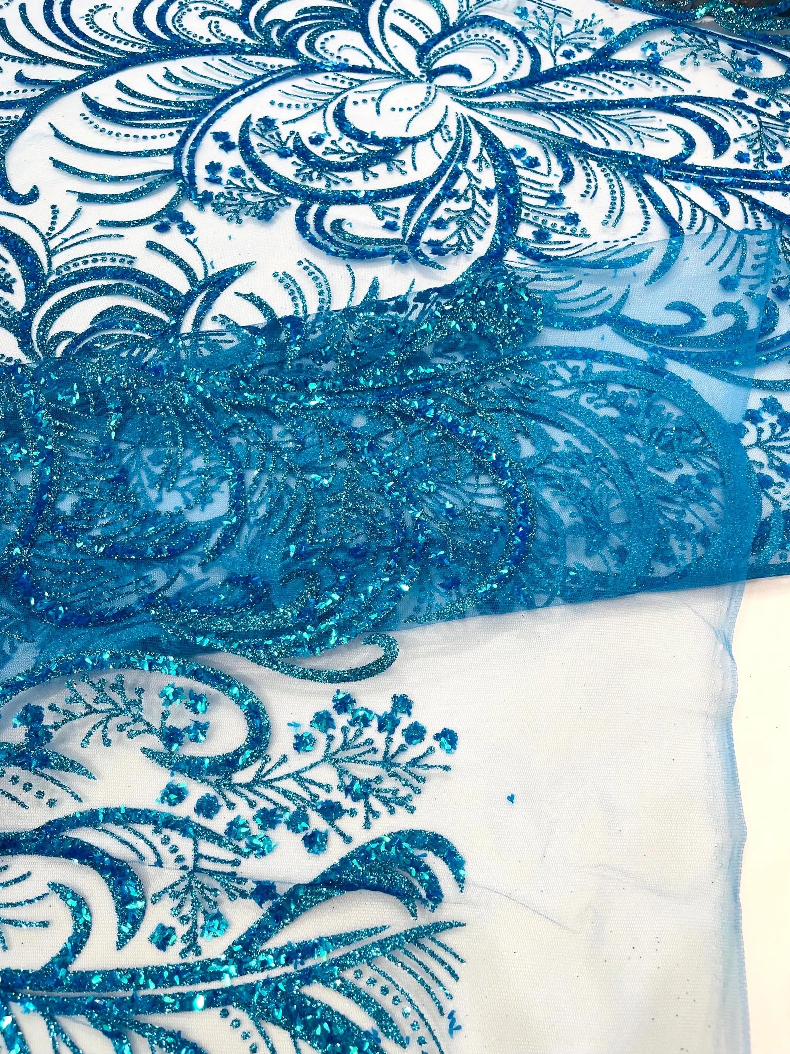 Palm Glitter Design On A Mesh Lace Fabric By The Yard. Turquoise