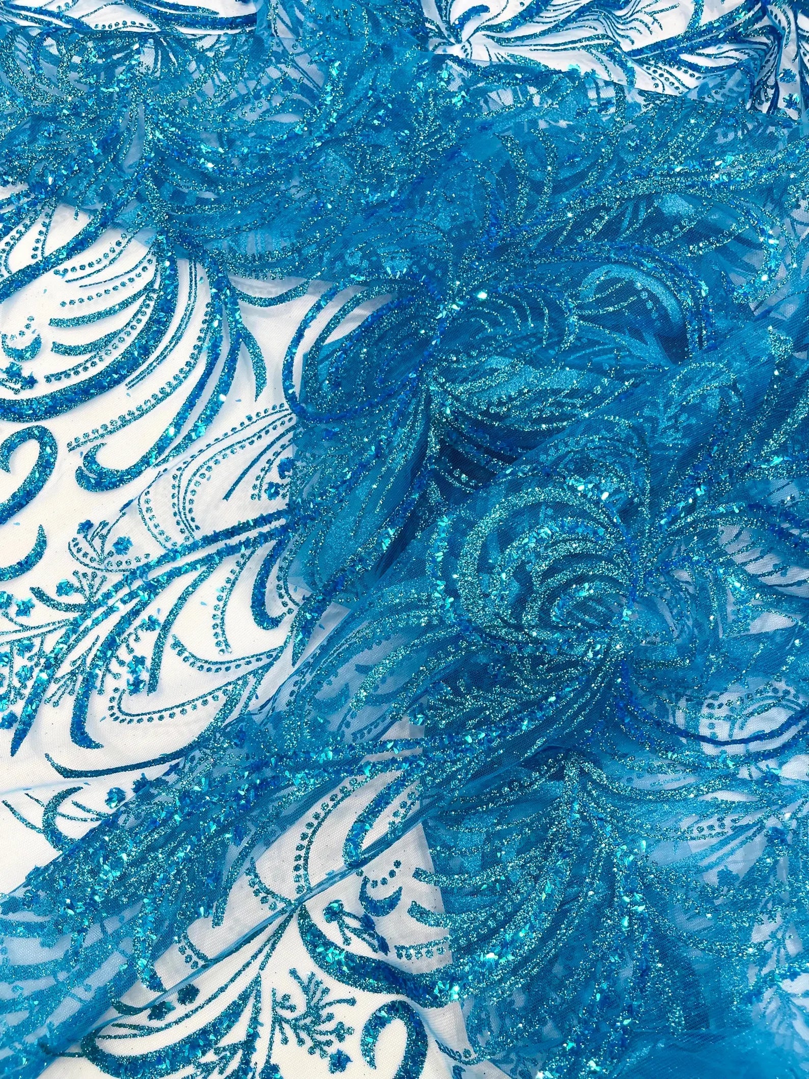 Palm Glitter Design On A Mesh Lace Fabric By The Yard. Turquoise