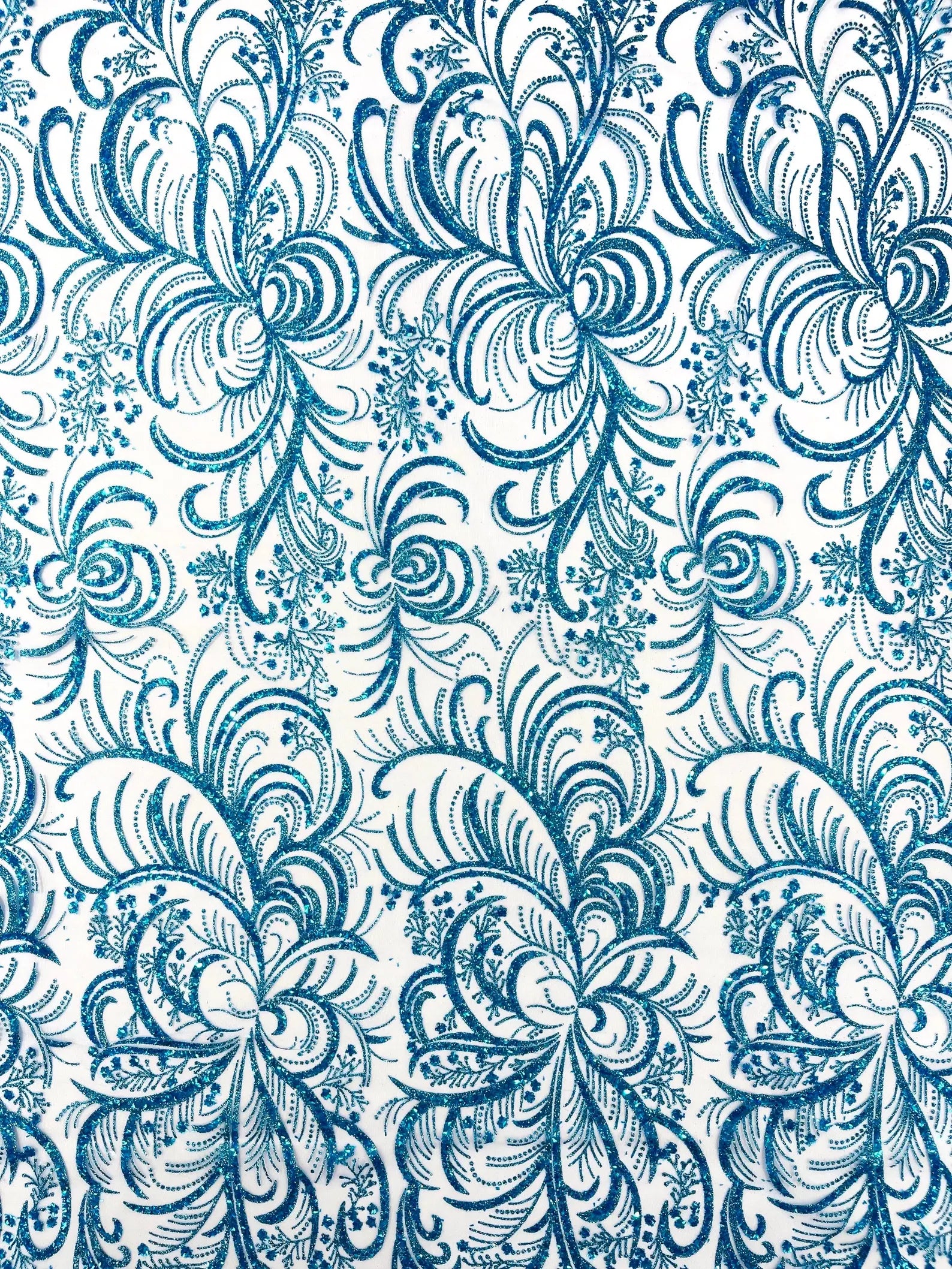 Palm Glitter Design On A Mesh Lace Fabric By The Yard. Turquoise