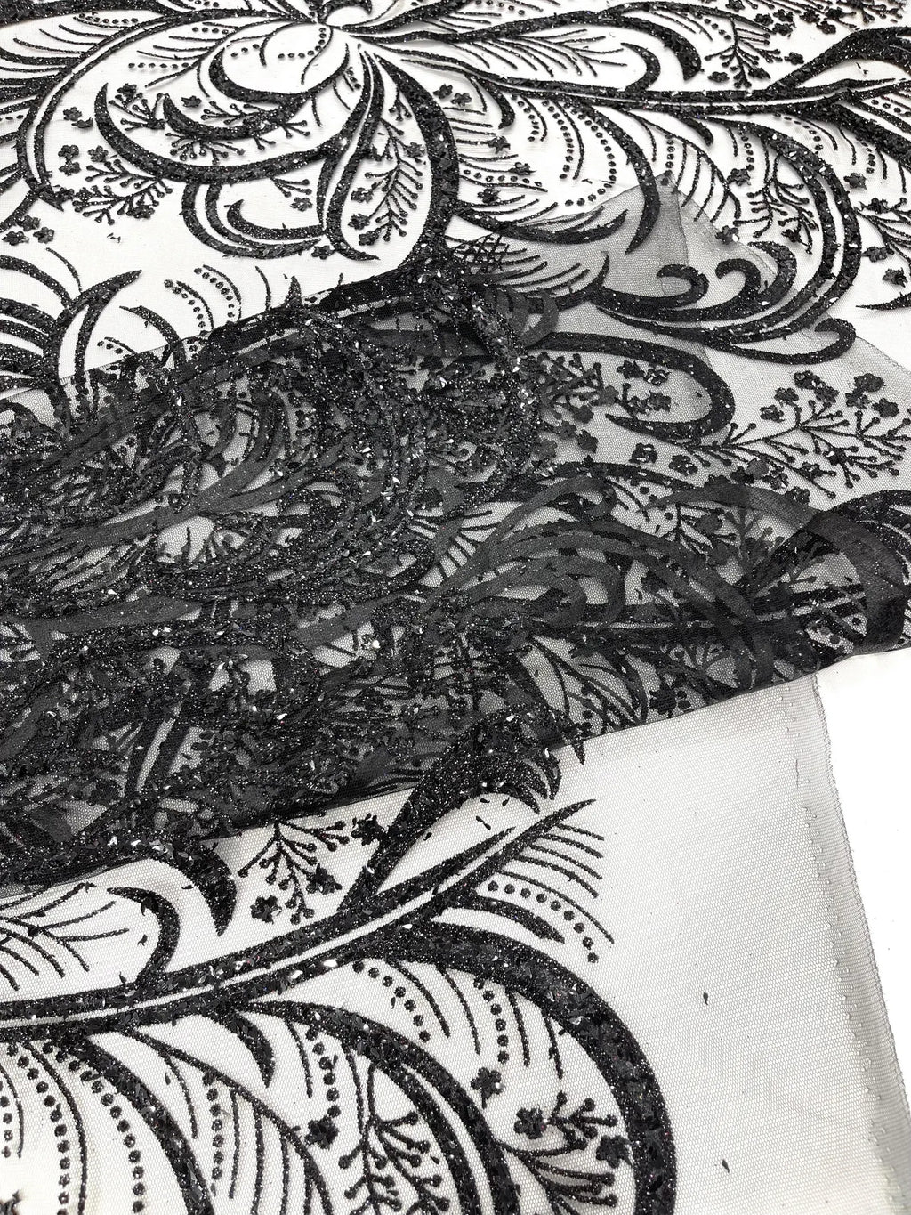 Palm Glitter Design On A Mesh Lace Fabric By The Yard. Black