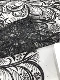 Palm Glitter Design On A Mesh Lace Fabric By The Yard. Black
