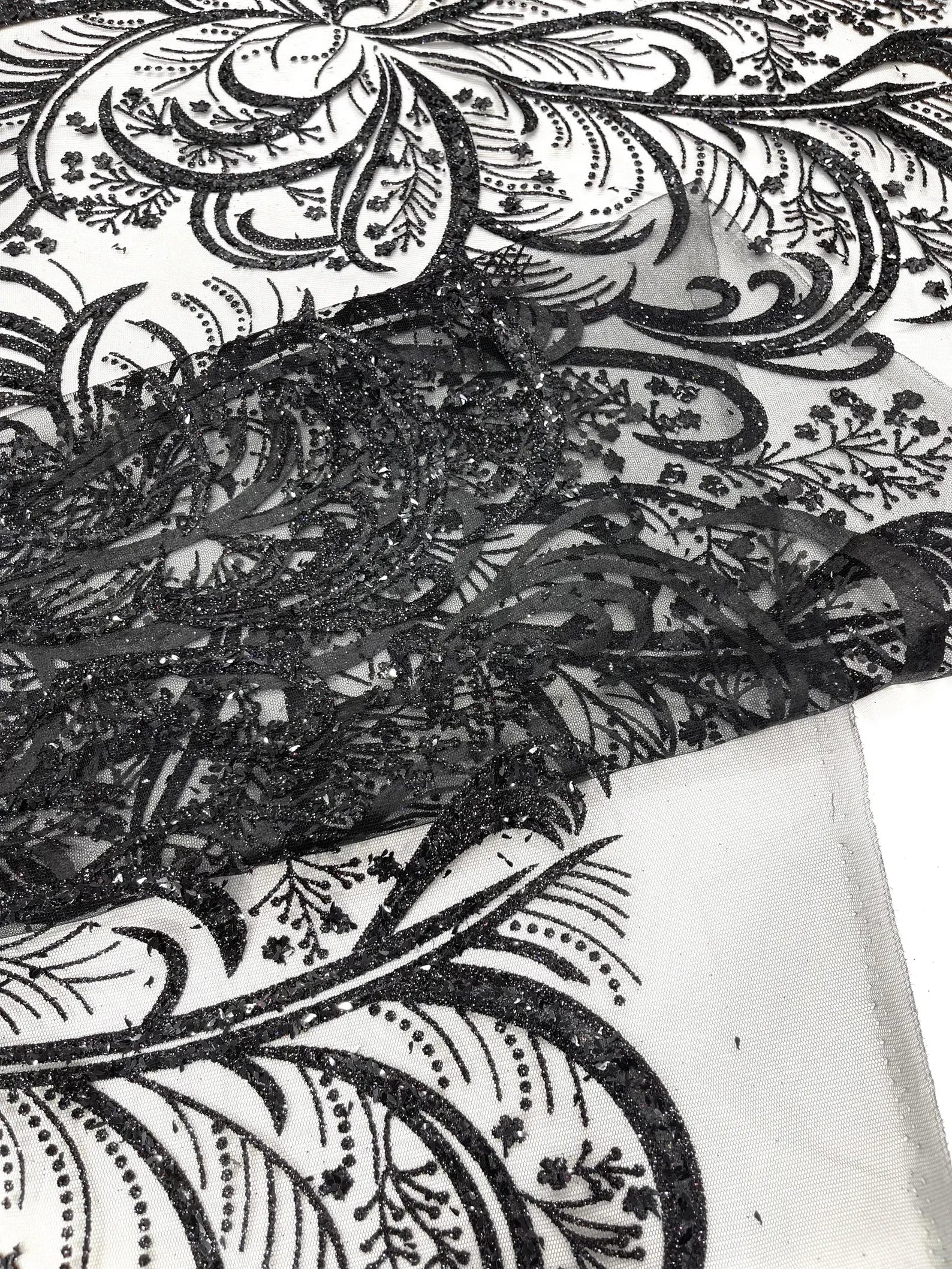 Palm Glitter Design On A Mesh Lace Fabric By The Yard. Black