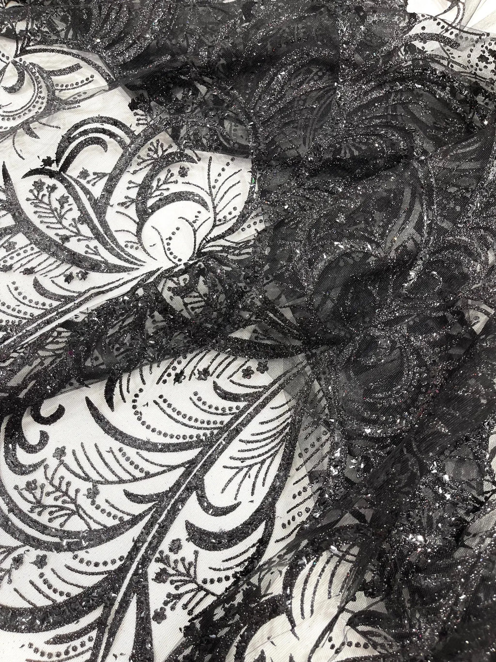 Palm Glitter Design On A Mesh Lace Fabric By The Yard. Black